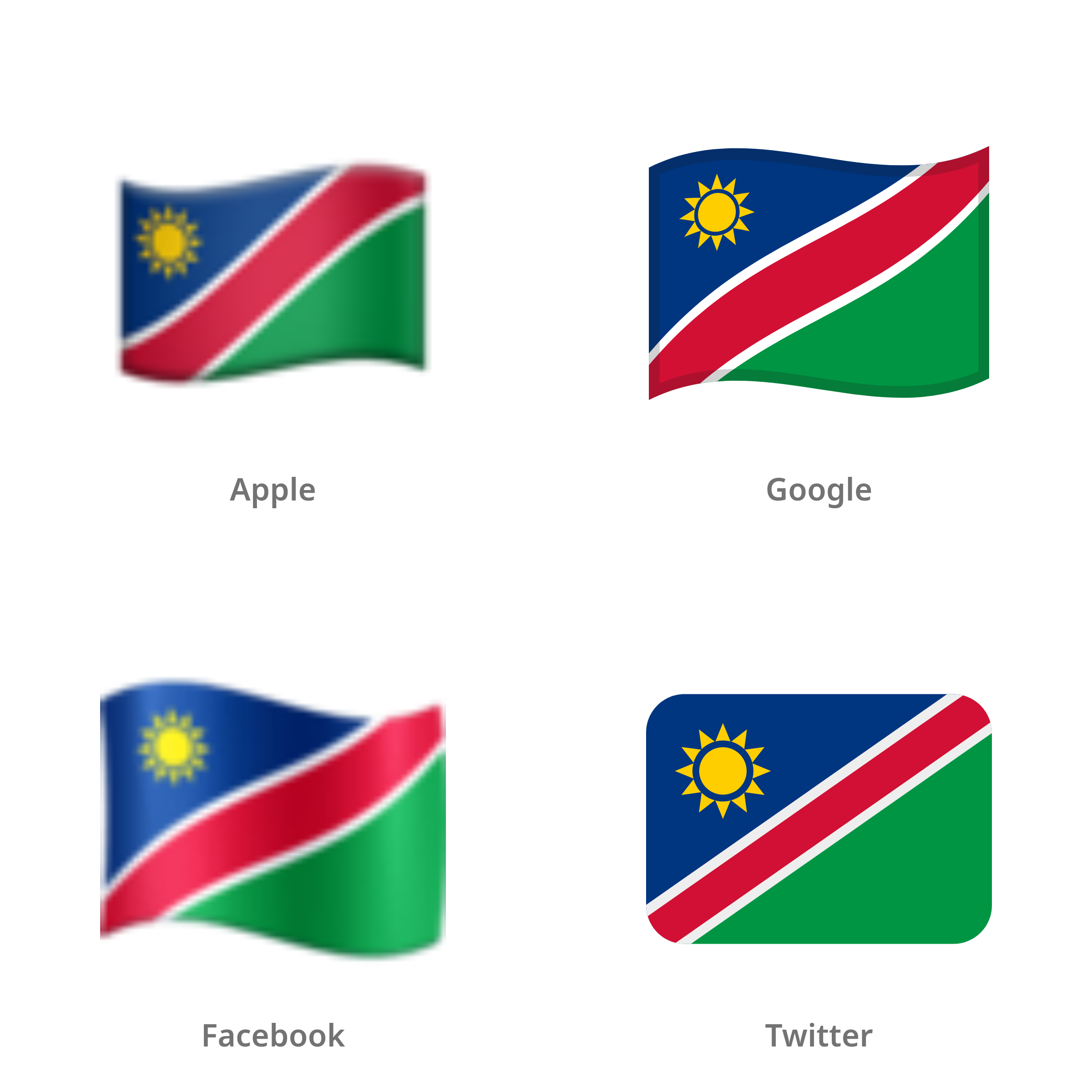 De emoji vlag: Namibië in Apple-, Google-, Facebook- en Twitter-stijl