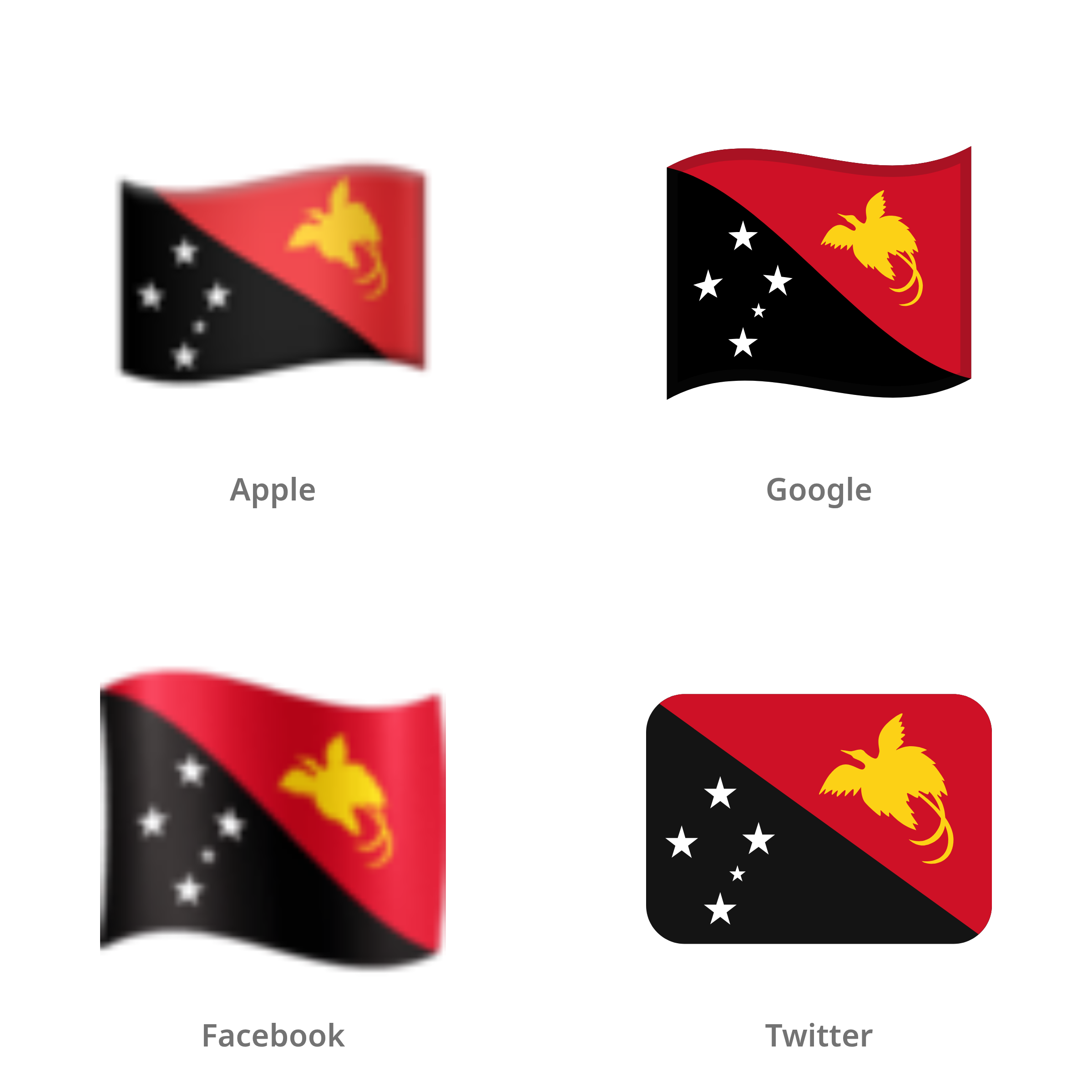De emoji vlag: Papoea-Nieuw-Guinea in Apple-, Google-, Facebook- en Twitter-stijl