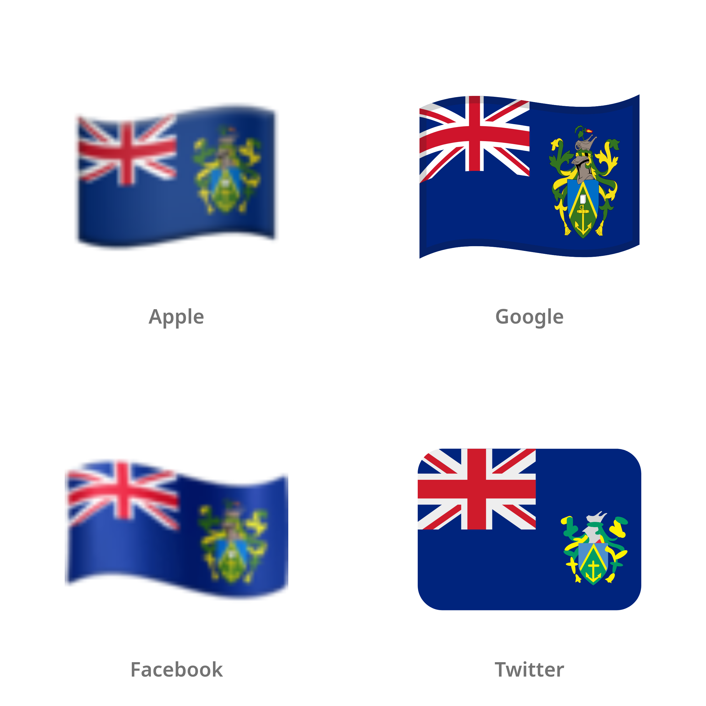 De emoji vlag: Pitcairneilanden in Apple-, Google-, Facebook- en Twitter-stijl