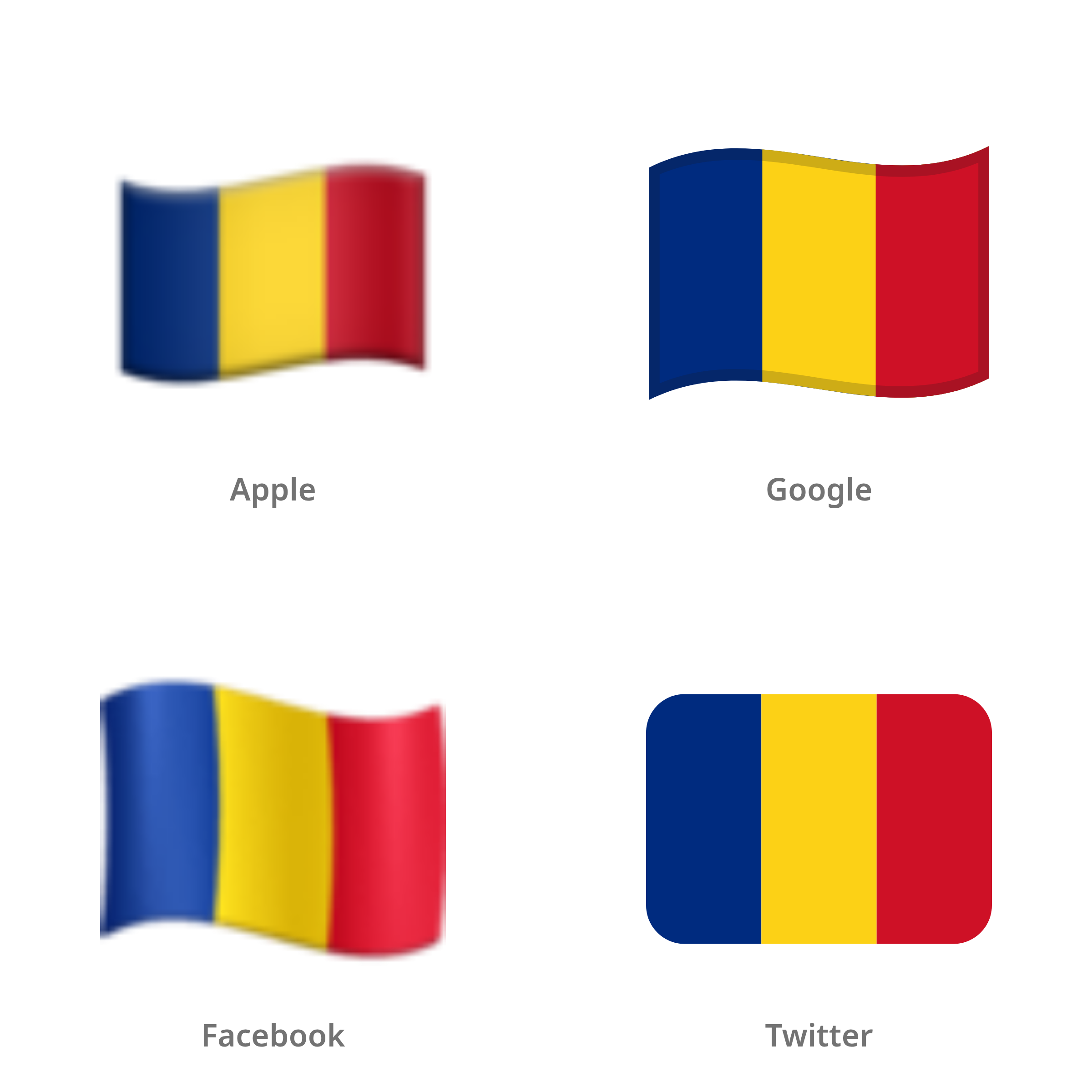 De emoji vlag: Roemenië in Apple-, Google-, Facebook- en Twitter-stijl