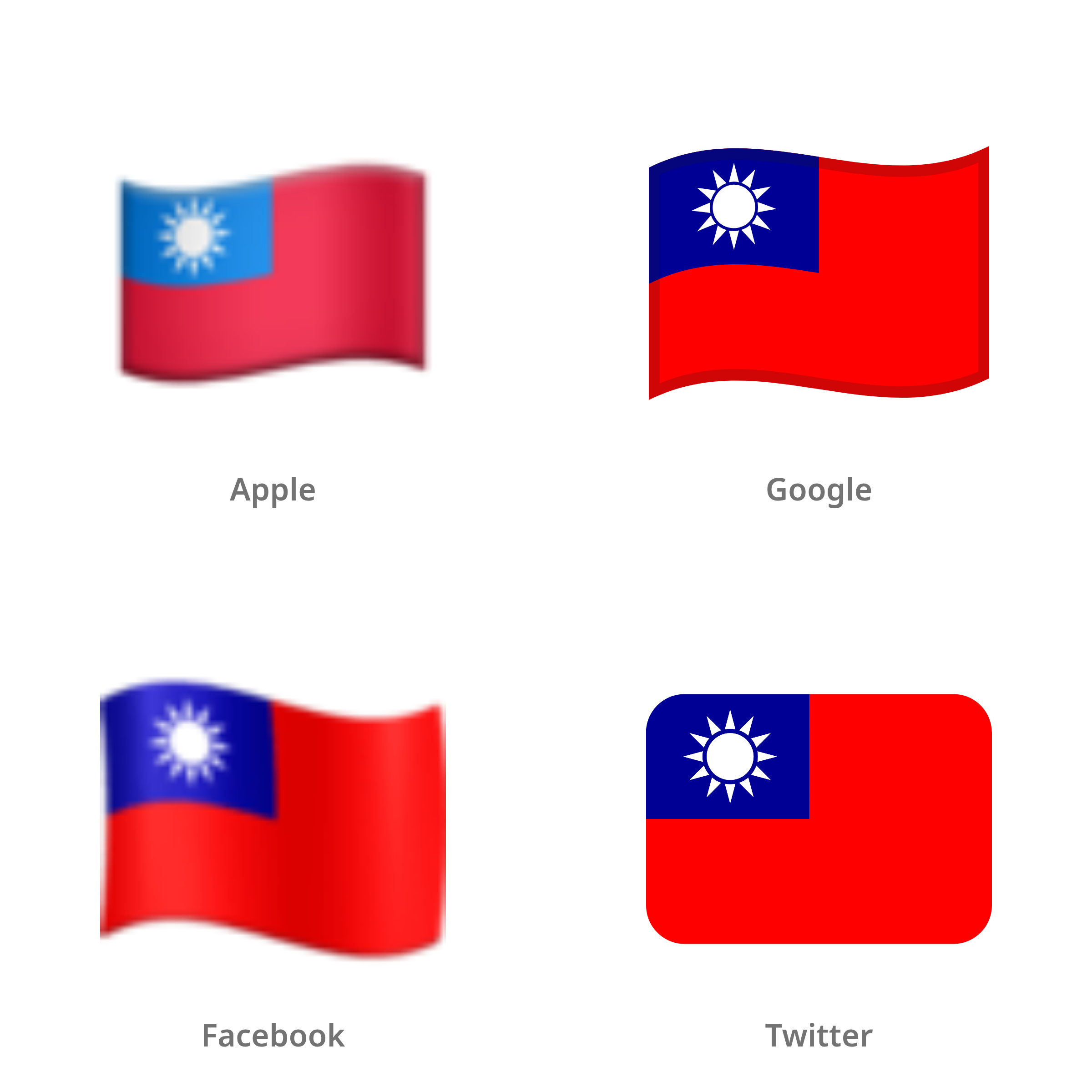 De emoji vlag: Taiwan in Apple-, Google-, Facebook- en Twitter-stijl