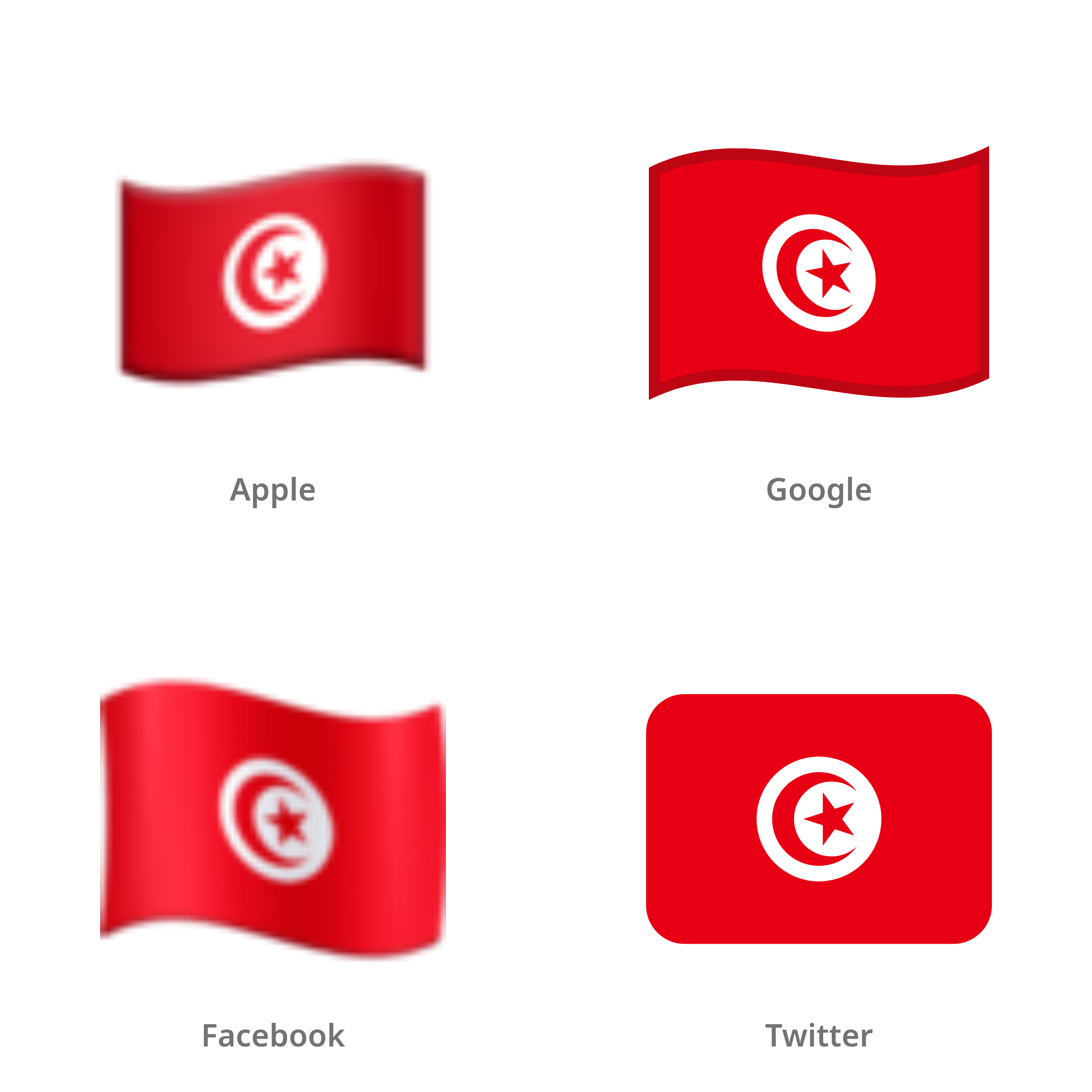De emoji vlag: Tunesië in Apple-, Google-, Facebook- en Twitter-stijl