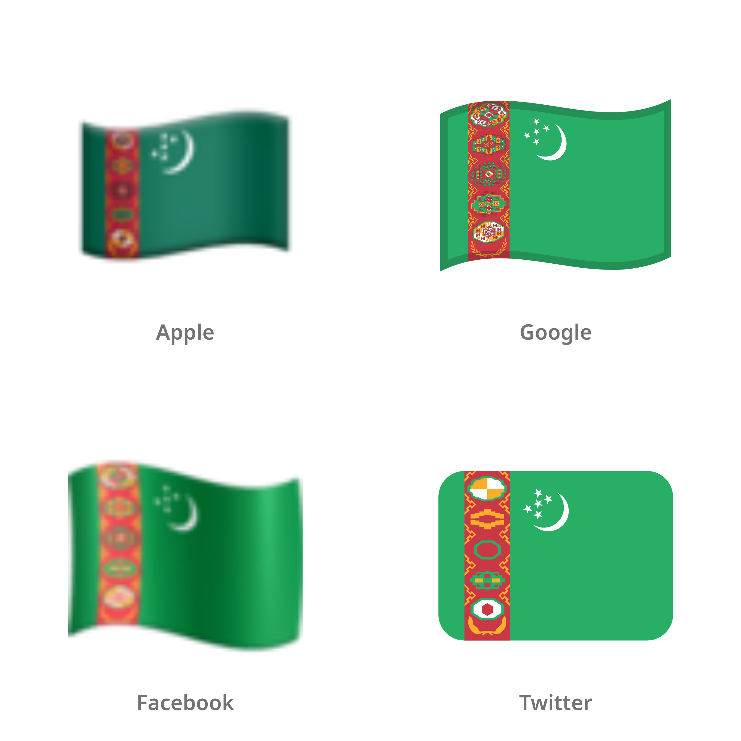 De emoji vlag: Turkmenistan in Apple-, Google-, Facebook- en Twitter-stijl