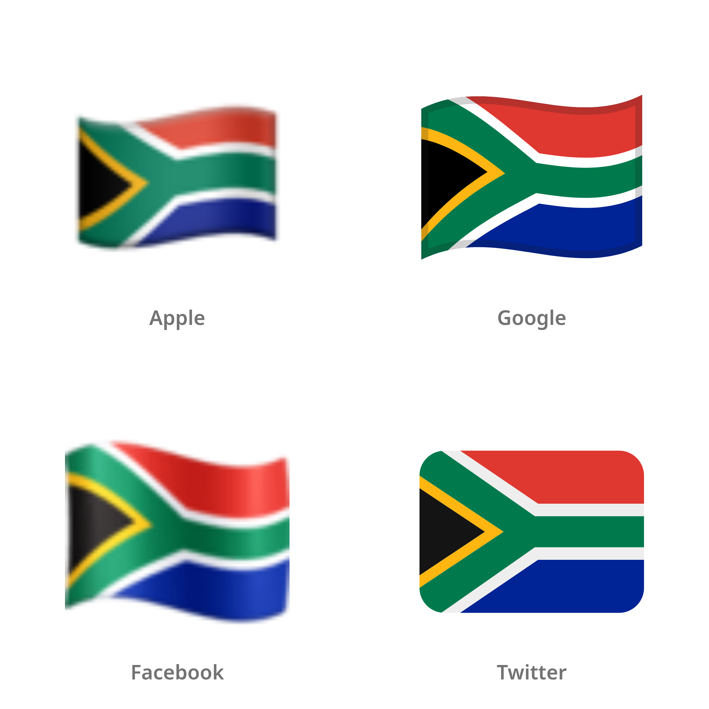 De emoji vlag: Zuid-Afrika in Apple-, Google-, Facebook- en Twitter-stijl