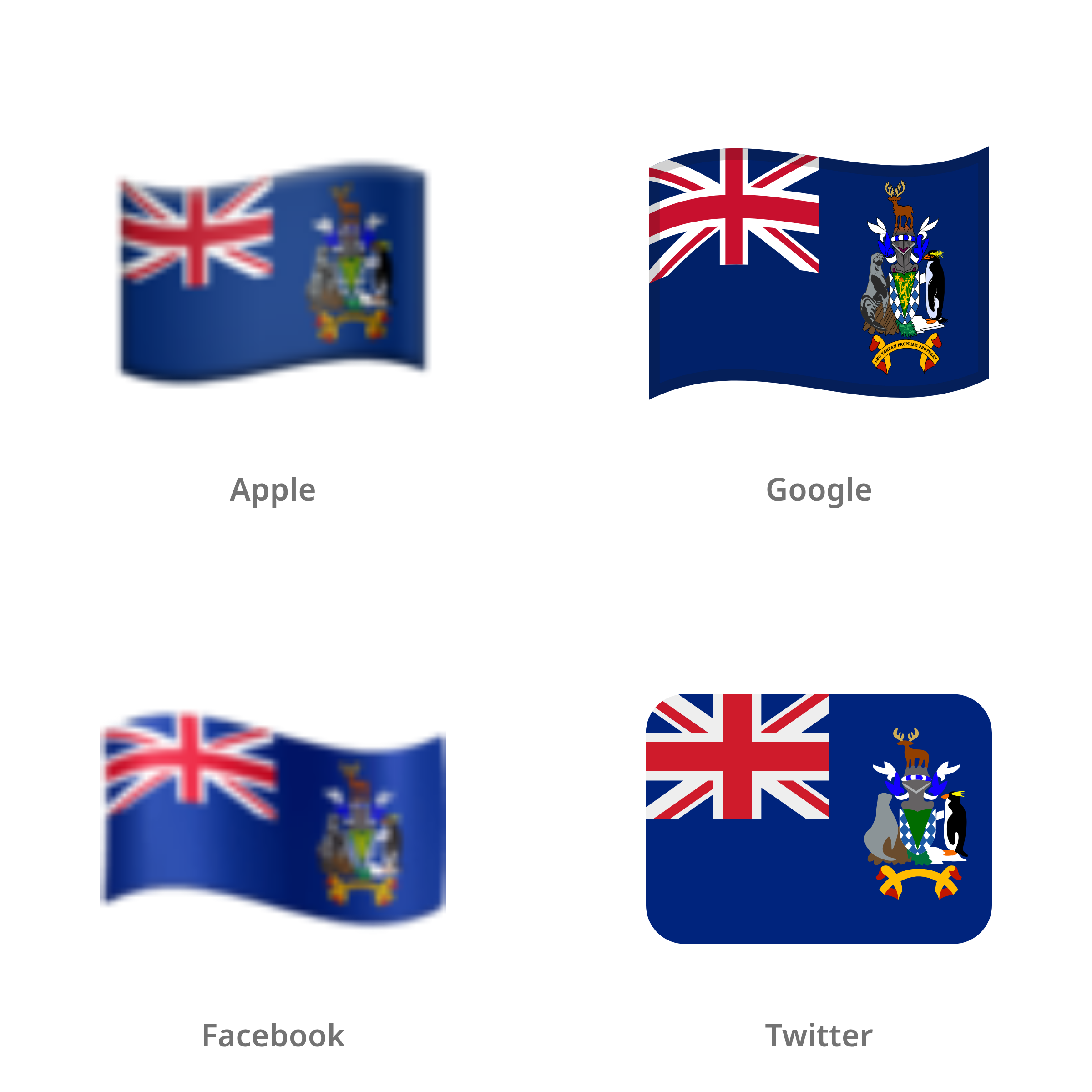 De emoji vlag: Zuid-Georgia en Zuidelijke Sandwicheilanden in Apple-, Google-, Facebook- en Twitter-stijl