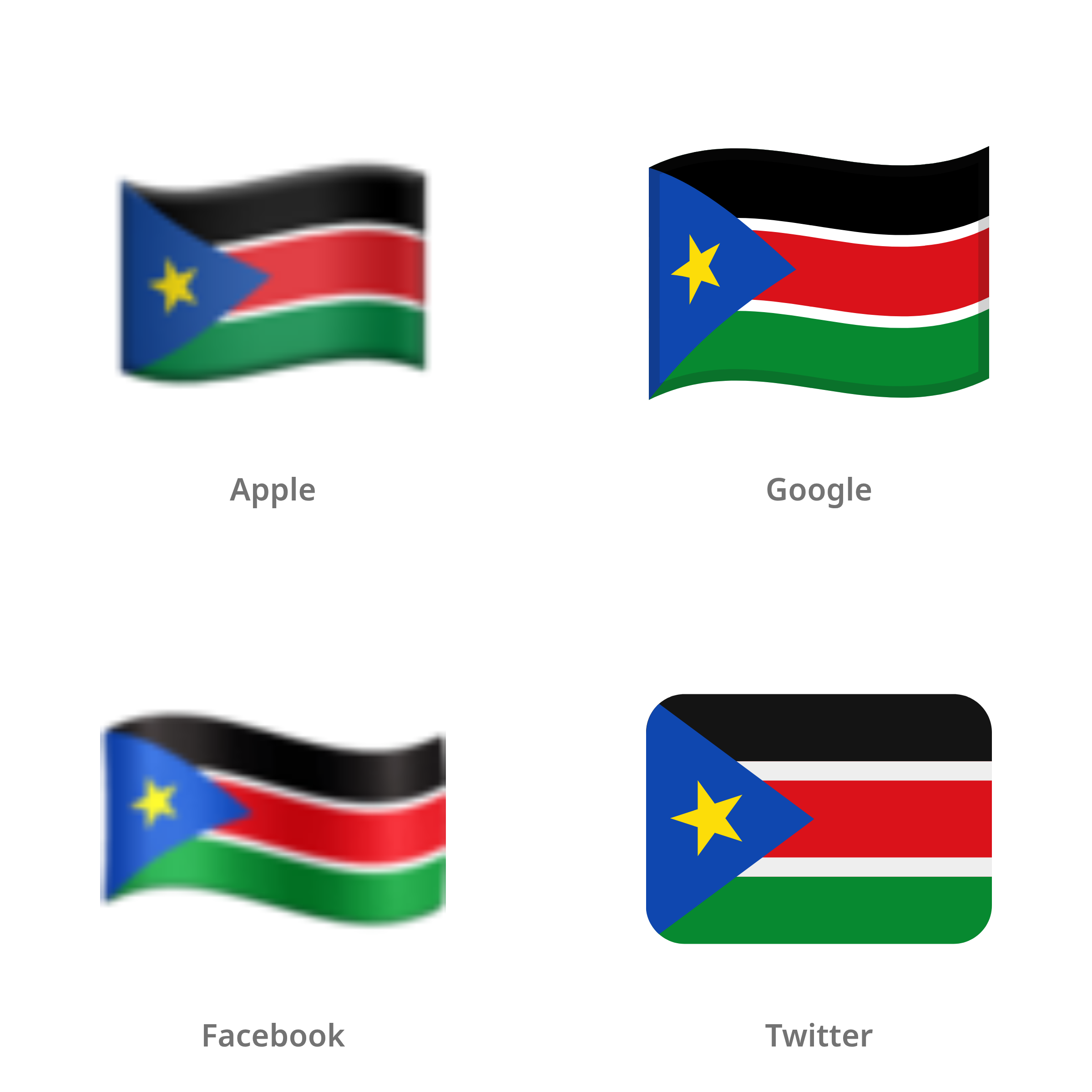 De emoji vlag: Zuid-Soedan in Apple-, Google-, Facebook- en Twitter-stijl