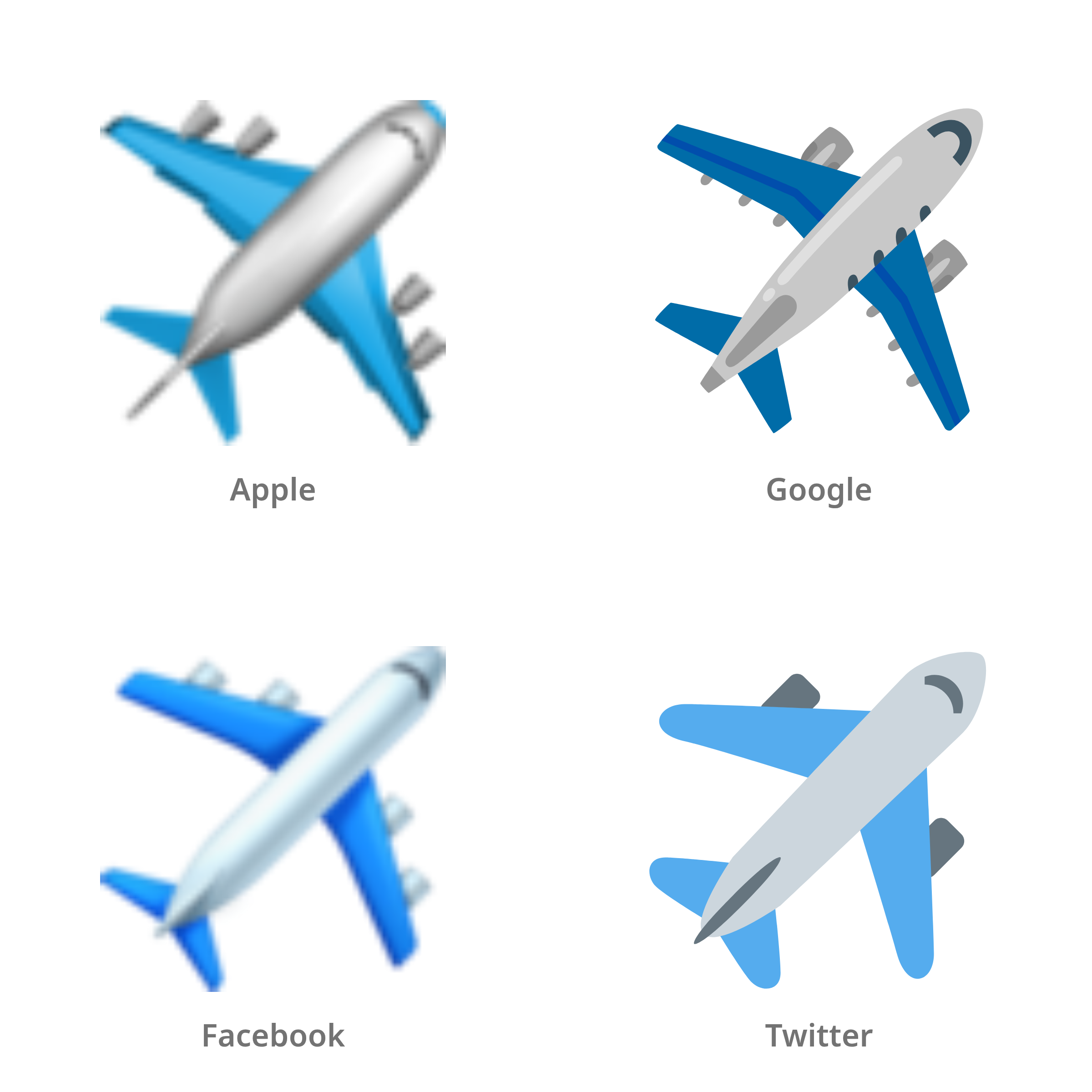 De emoji vliegtuig in Apple-, Google-, Facebook- en Twitter-stijl
