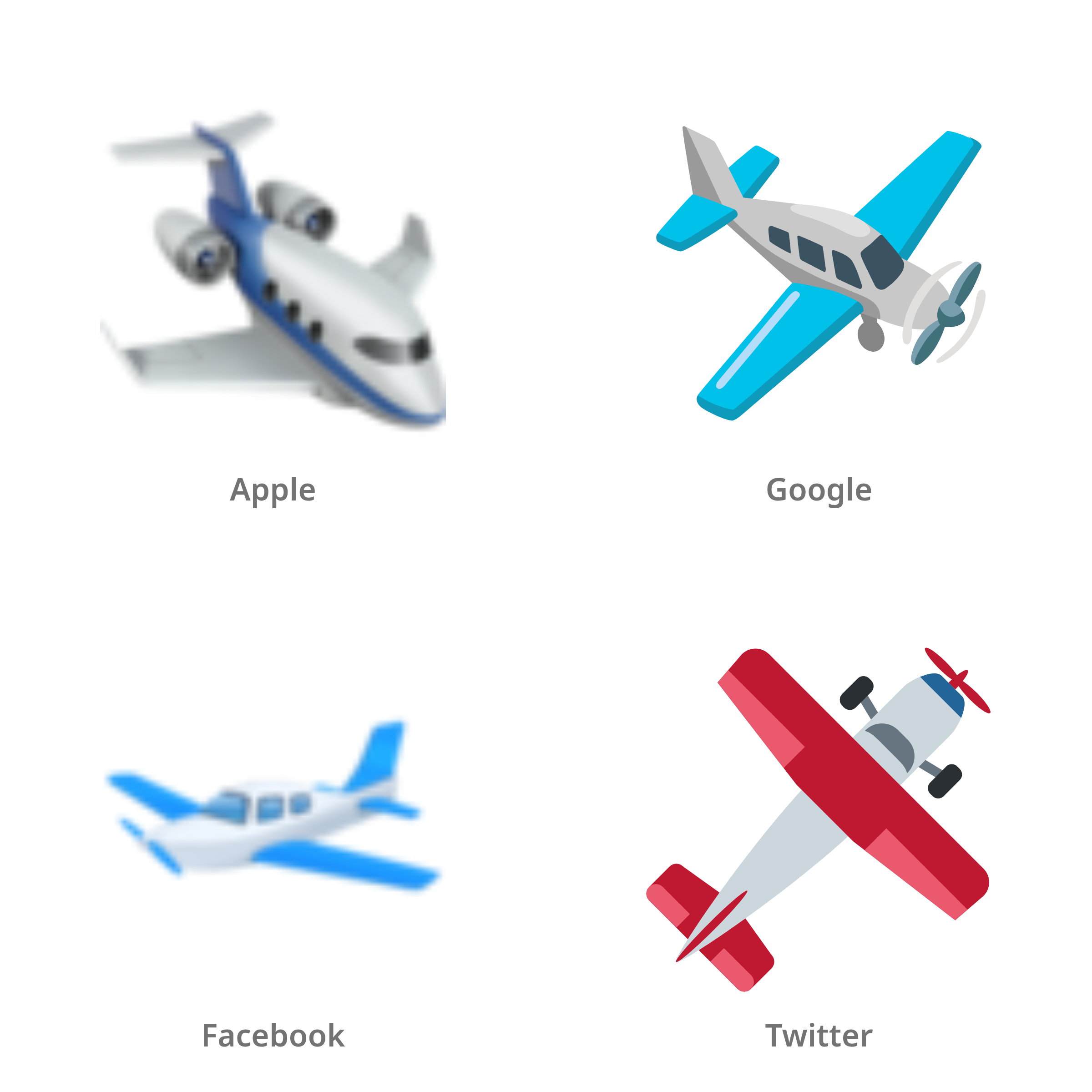 De emoji vliegtuigje in Apple-, Google-, Facebook- en Twitter-stijl