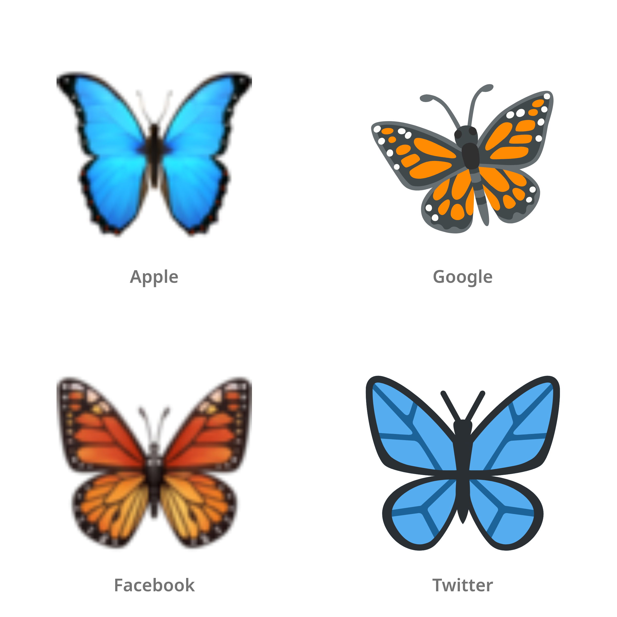 De emoji vlinder in Apple-, Google-, Facebook- en Twitter-stijl