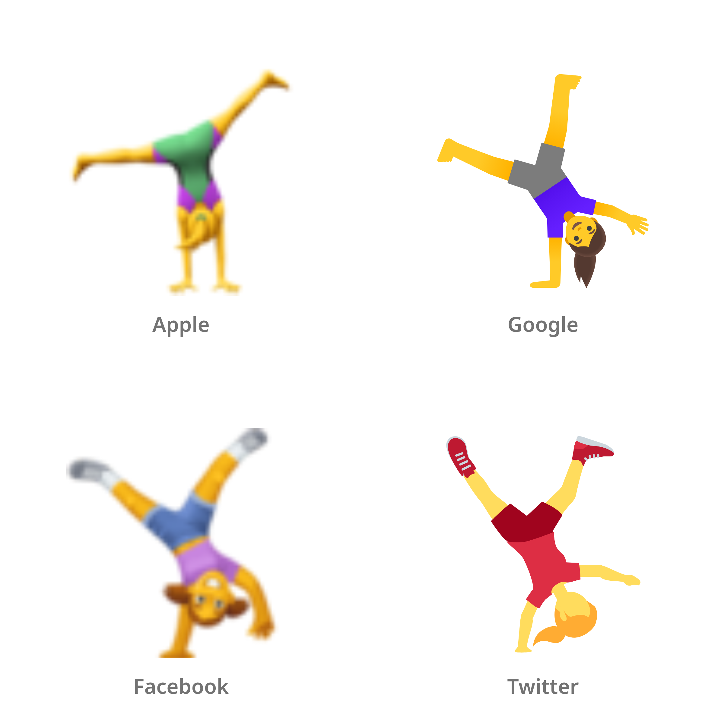 De emoji vrouw die een radslag doet in Apple-, Google-, Facebook- en Twitter-stijl
