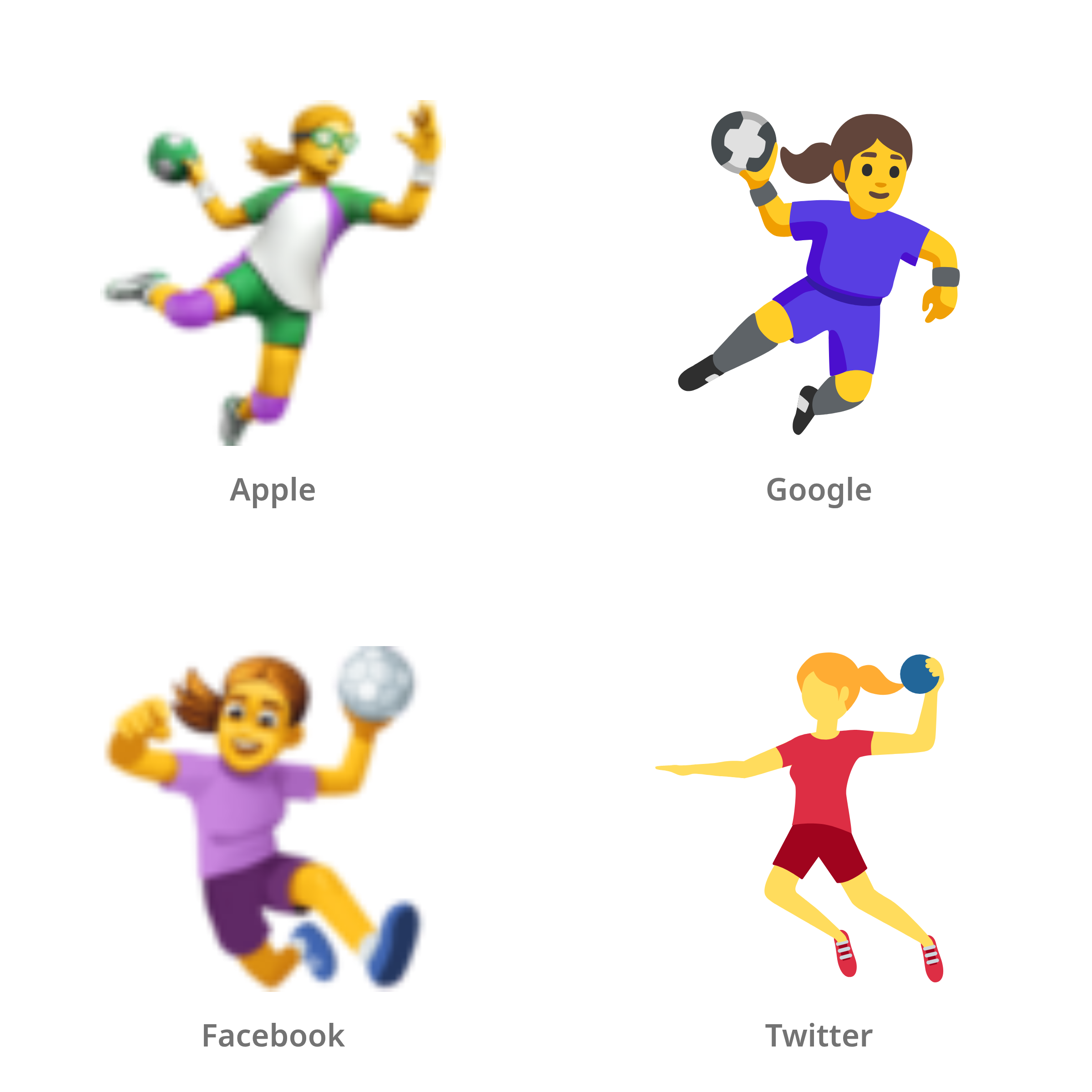 De emoji vrouw die handbal speelt in Apple-, Google-, Facebook- en Twitter-stijl