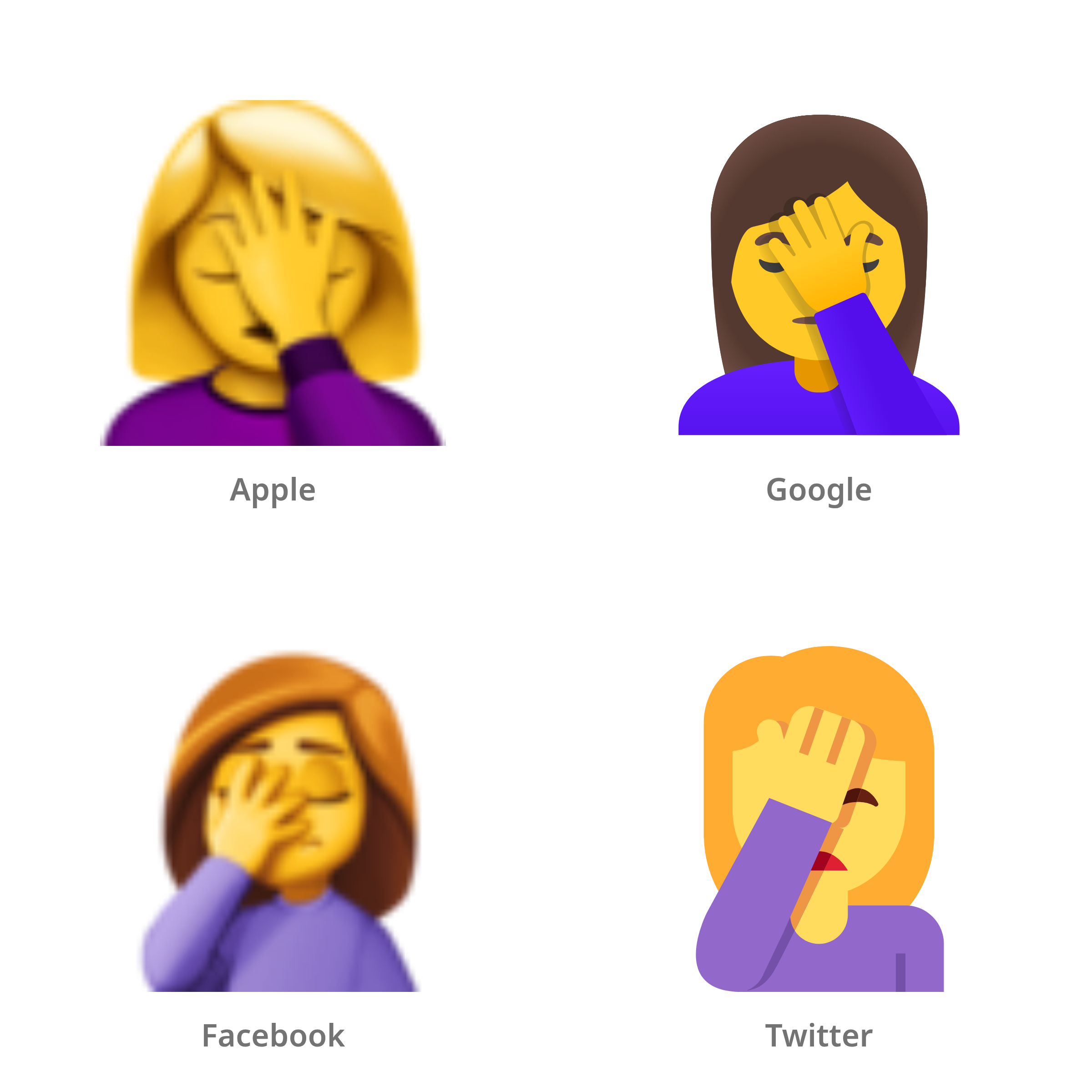 De emoji vrouw die het gezicht met de hand bedekt in Apple-, Google-, Facebook- en Twitter-stijl
