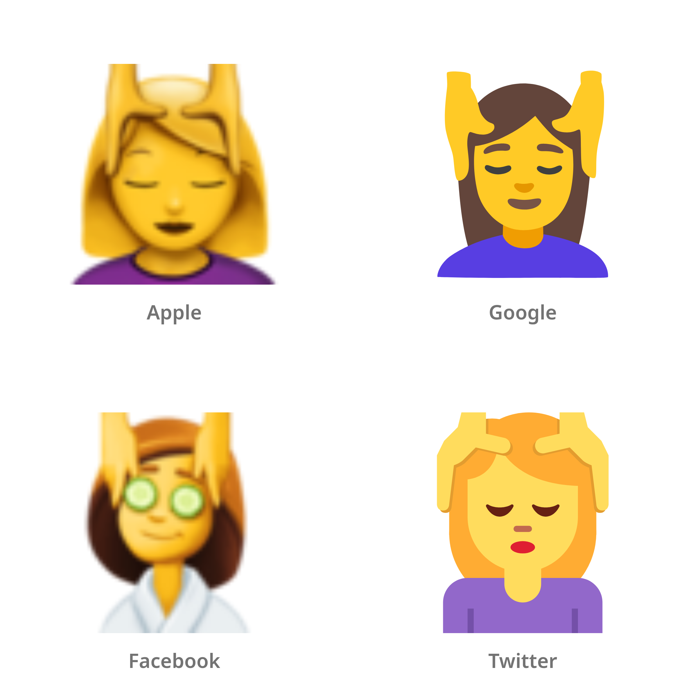 De emoji vrouw die hoofdmassage krijgt in Apple-, Google-, Facebook- en Twitter-stijl