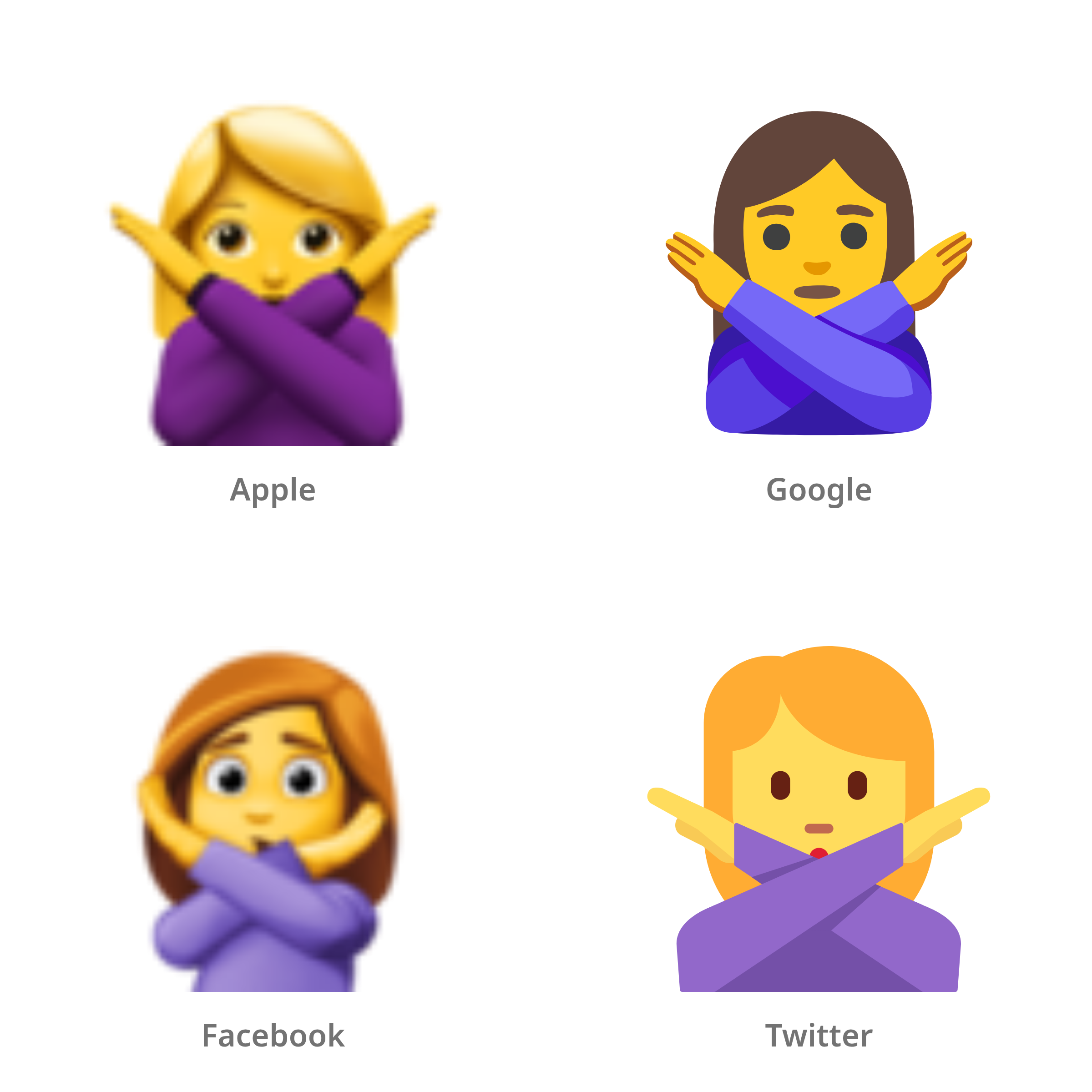 De emoji vrouw die nee-gebaar maakt in Apple-, Google-, Facebook- en Twitter-stijl