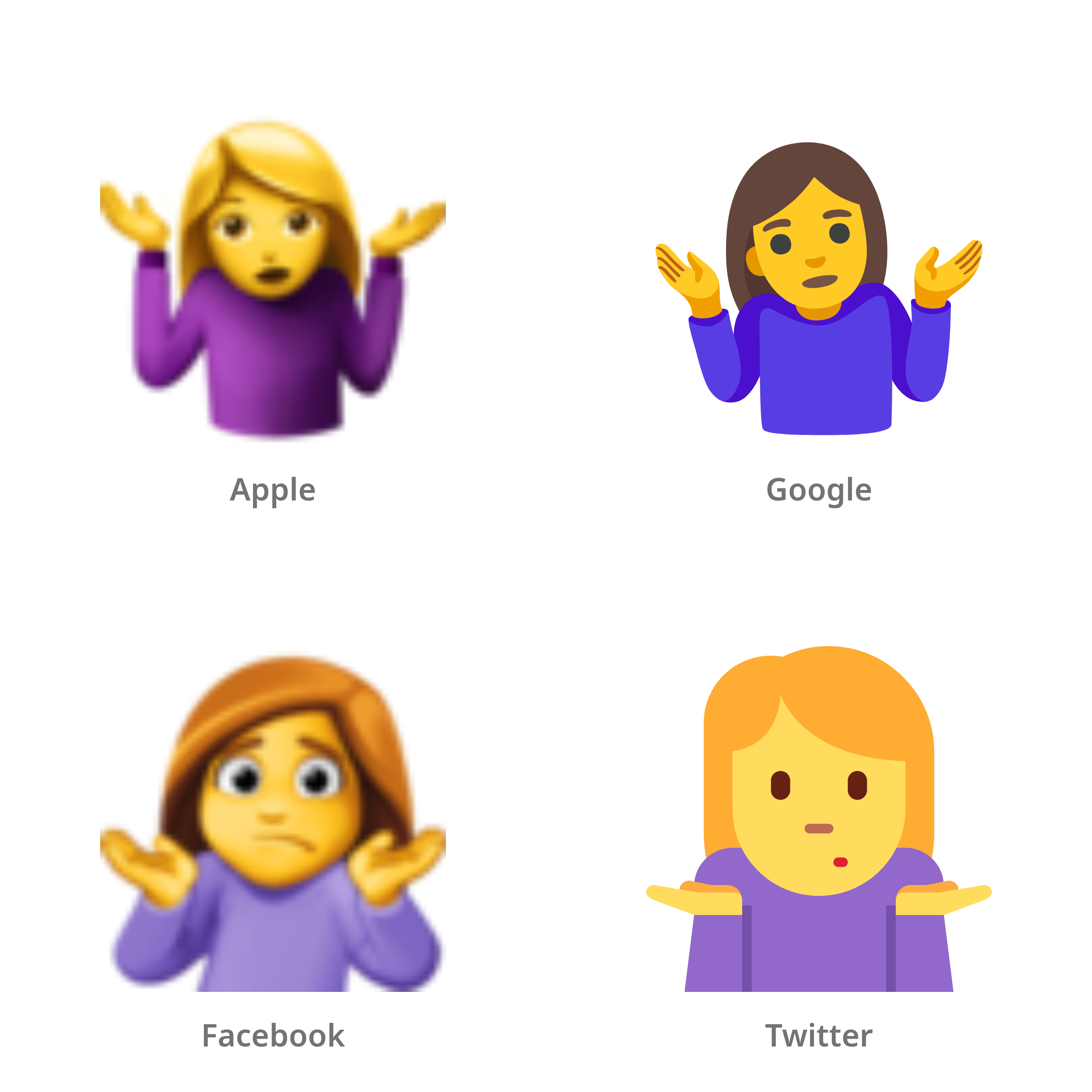 De emoji vrouw die schouders ophaalt in Apple-, Google-, Facebook- en Twitter-stijl