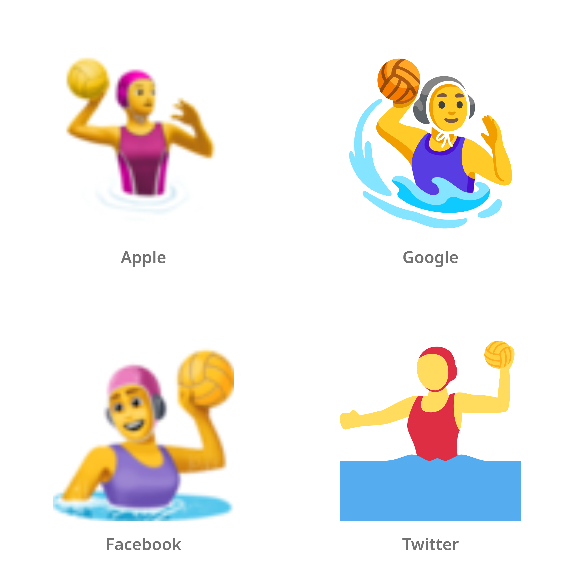 De emoji vrouw die waterpolo speelt in Apple-, Google-, Facebook- en Twitter-stijl