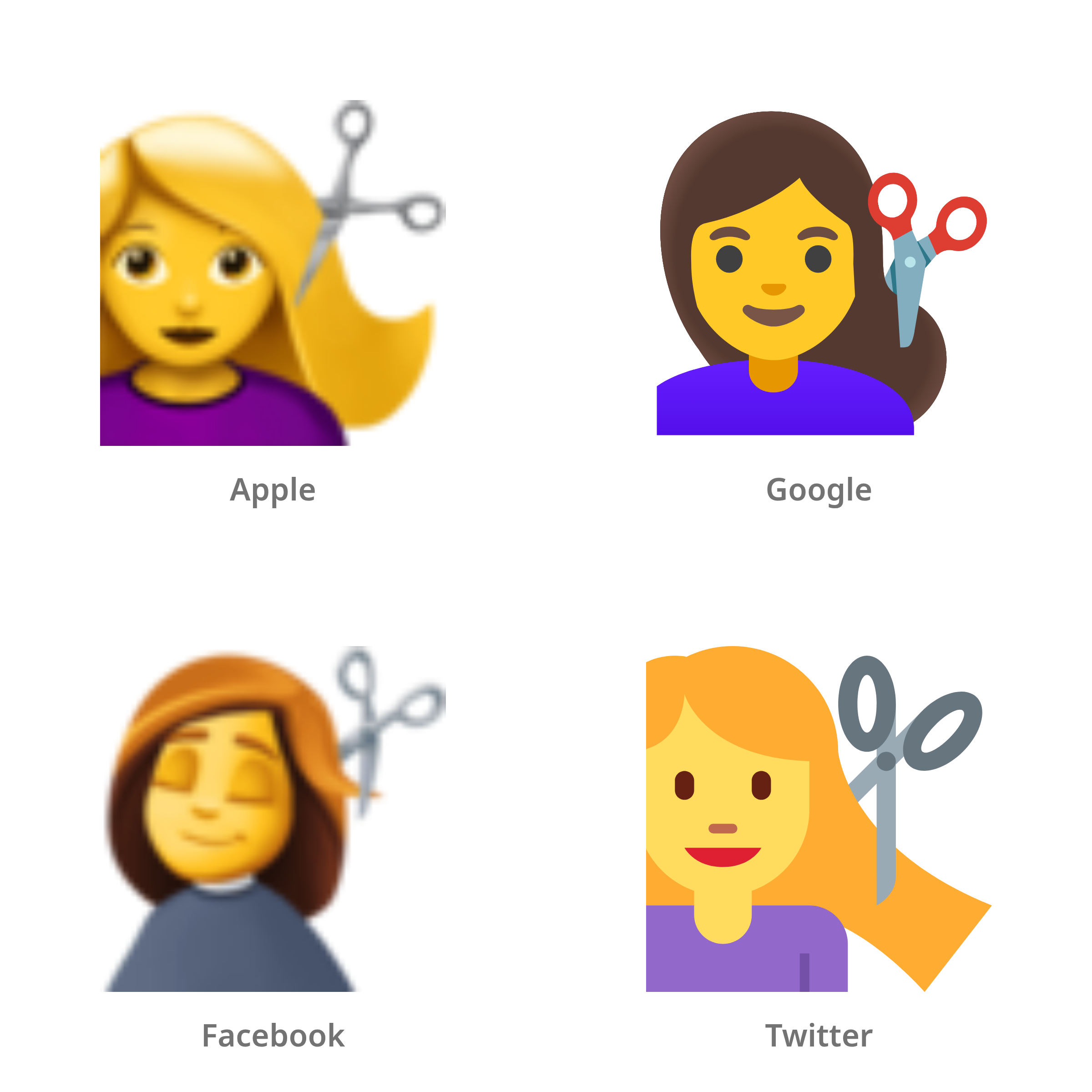 De emoji vrouw die wordt geknipt in Apple-, Google-, Facebook- en Twitter-stijl