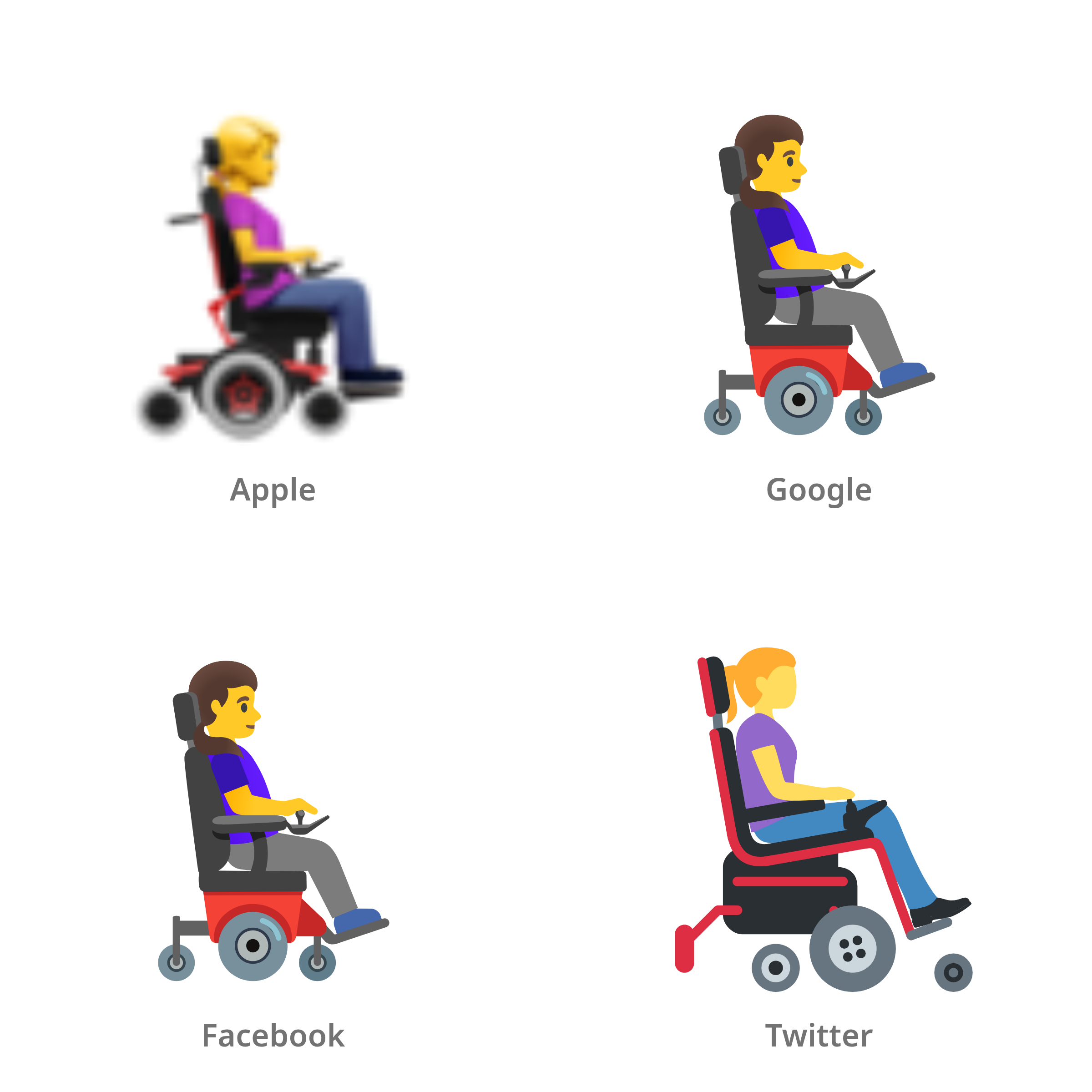 De emoji vrouw in elektrische rolstoel: naar rechts gericht in Apple-, Google-, Facebook- en Twitter-stijl