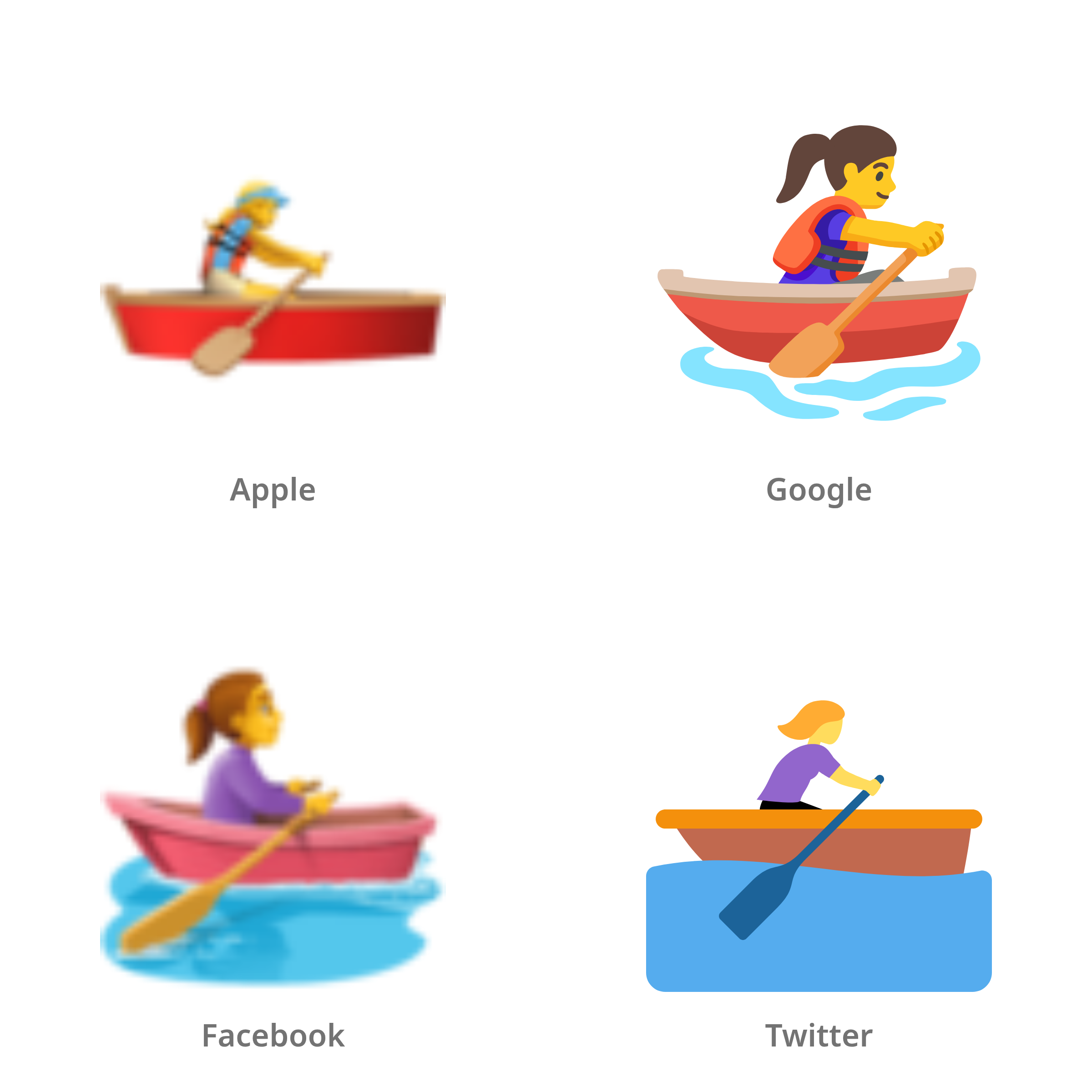 De emoji vrouw in roeiboot in Apple-, Google-, Facebook- en Twitter-stijl