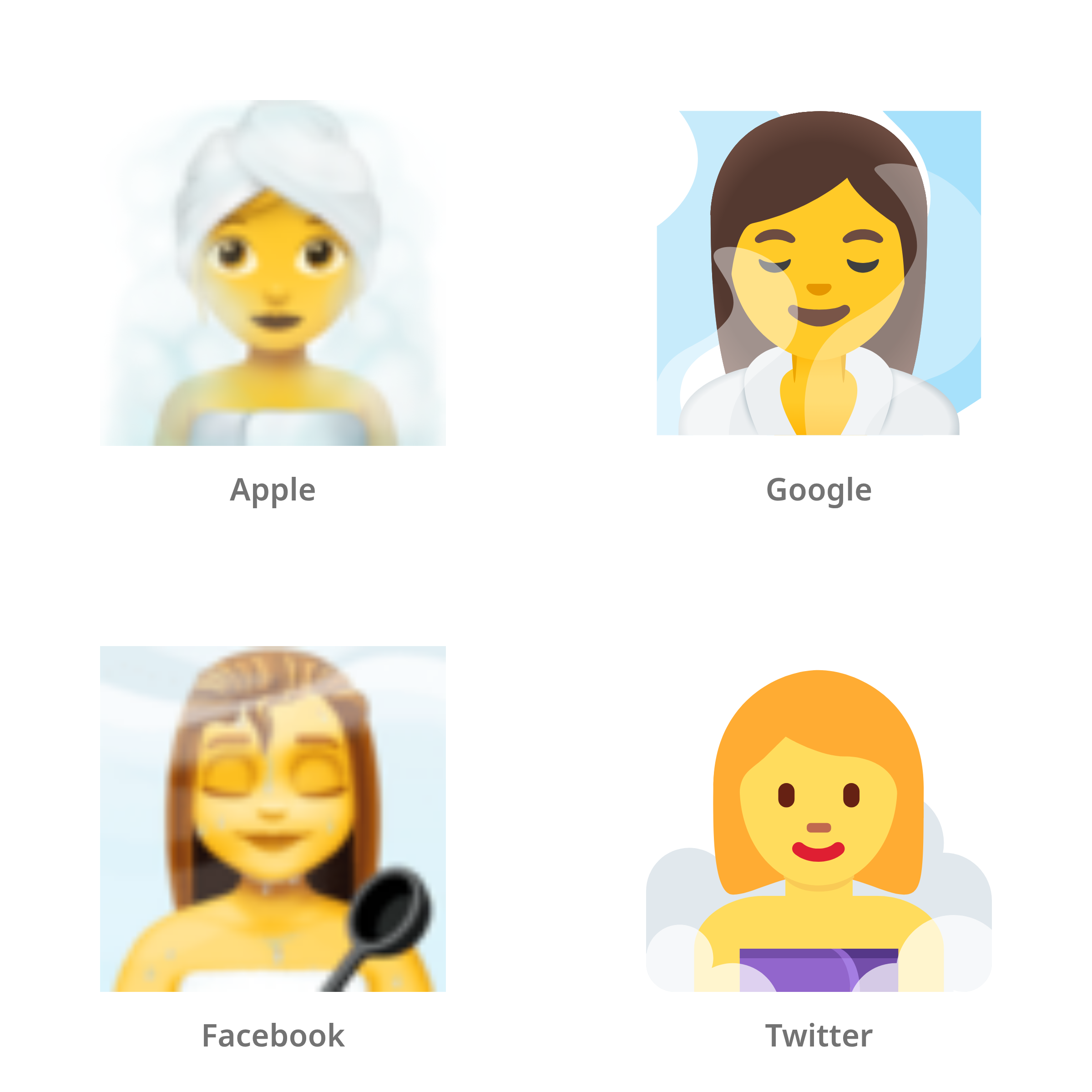 De emoji vrouw in ruimte vol stoom in Apple-, Google-, Facebook- en Twitter-stijl