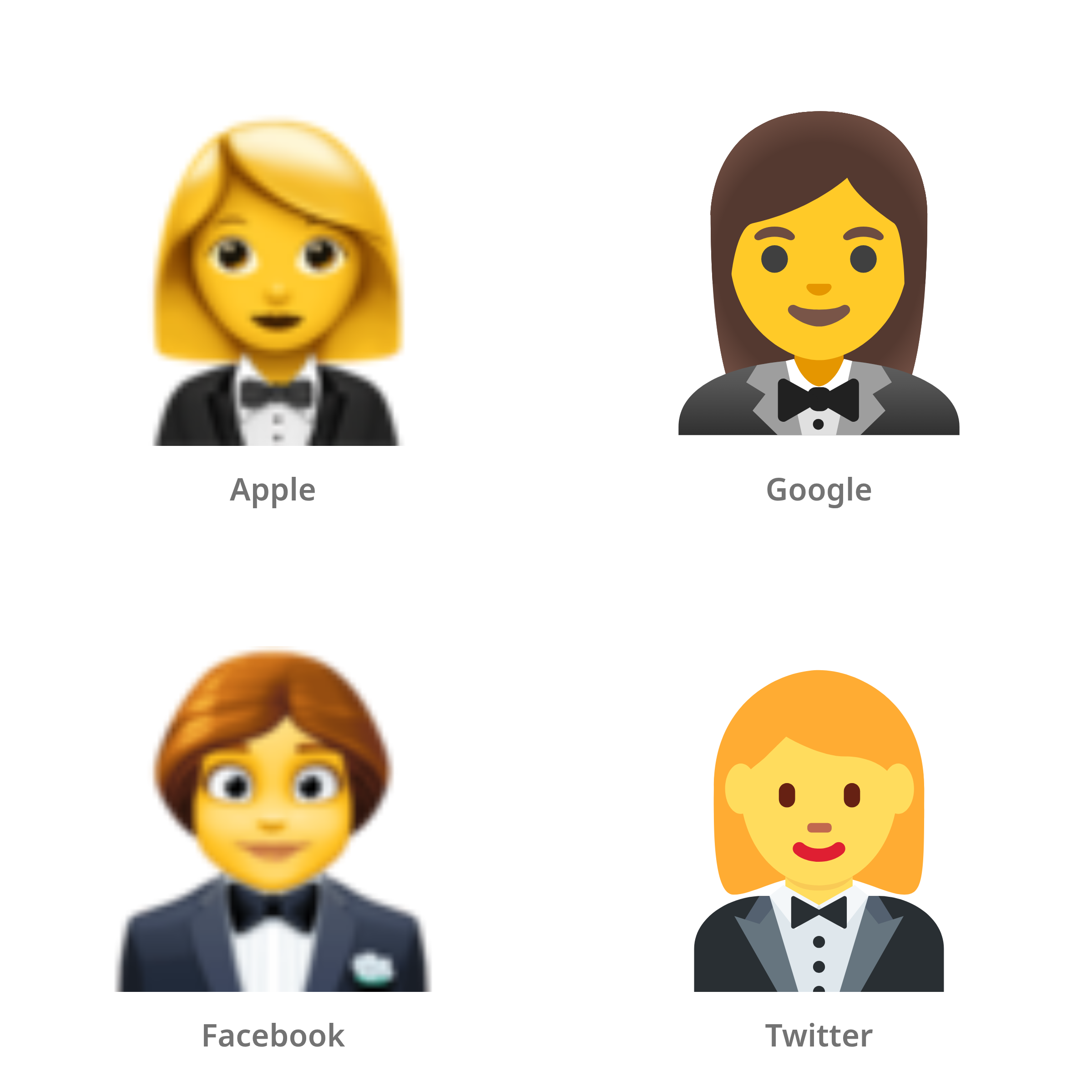 De emoji vrouw in smoking in Apple-, Google-, Facebook- en Twitter-stijl