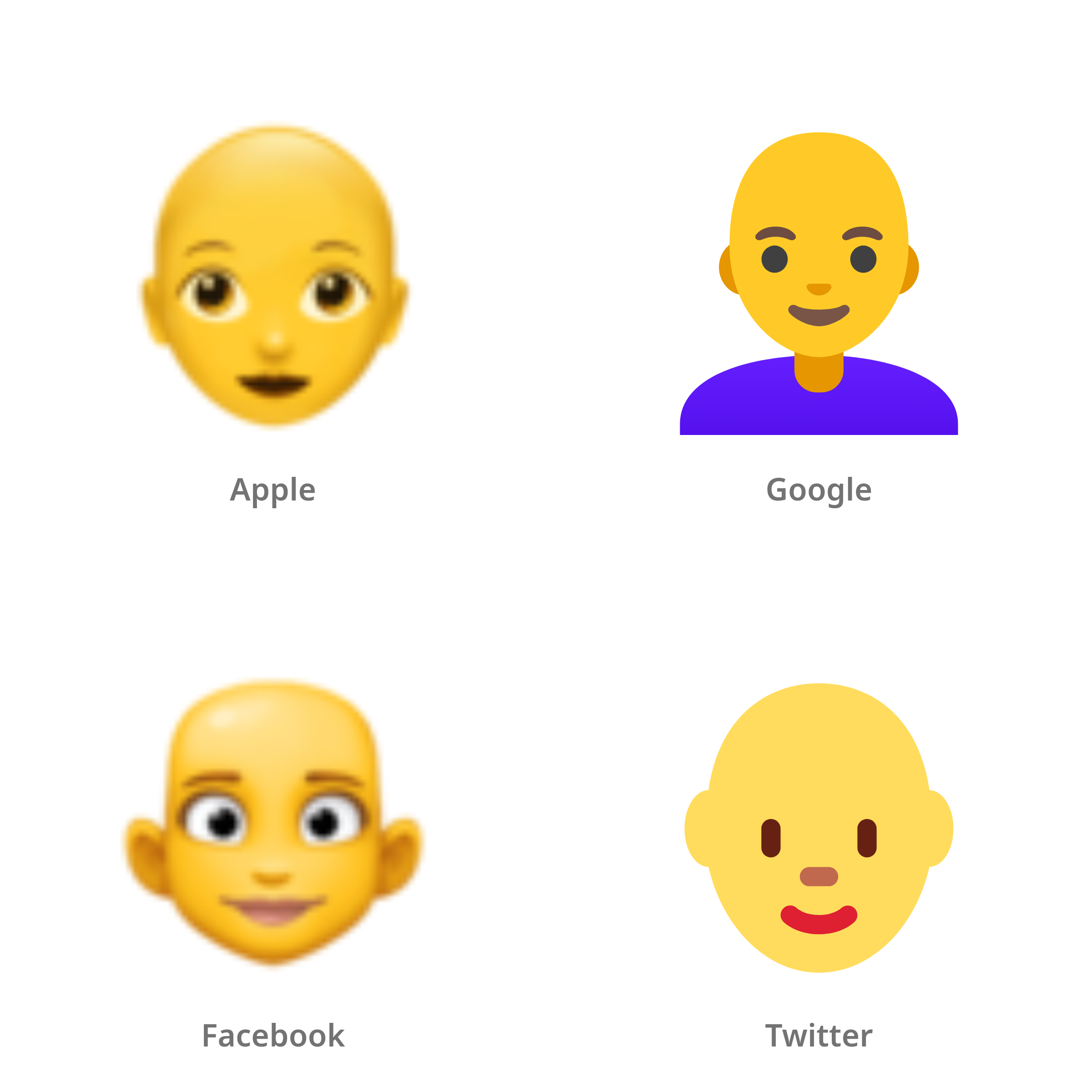 De emoji vrouw: kaal in Apple-, Google-, Facebook- en Twitter-stijl