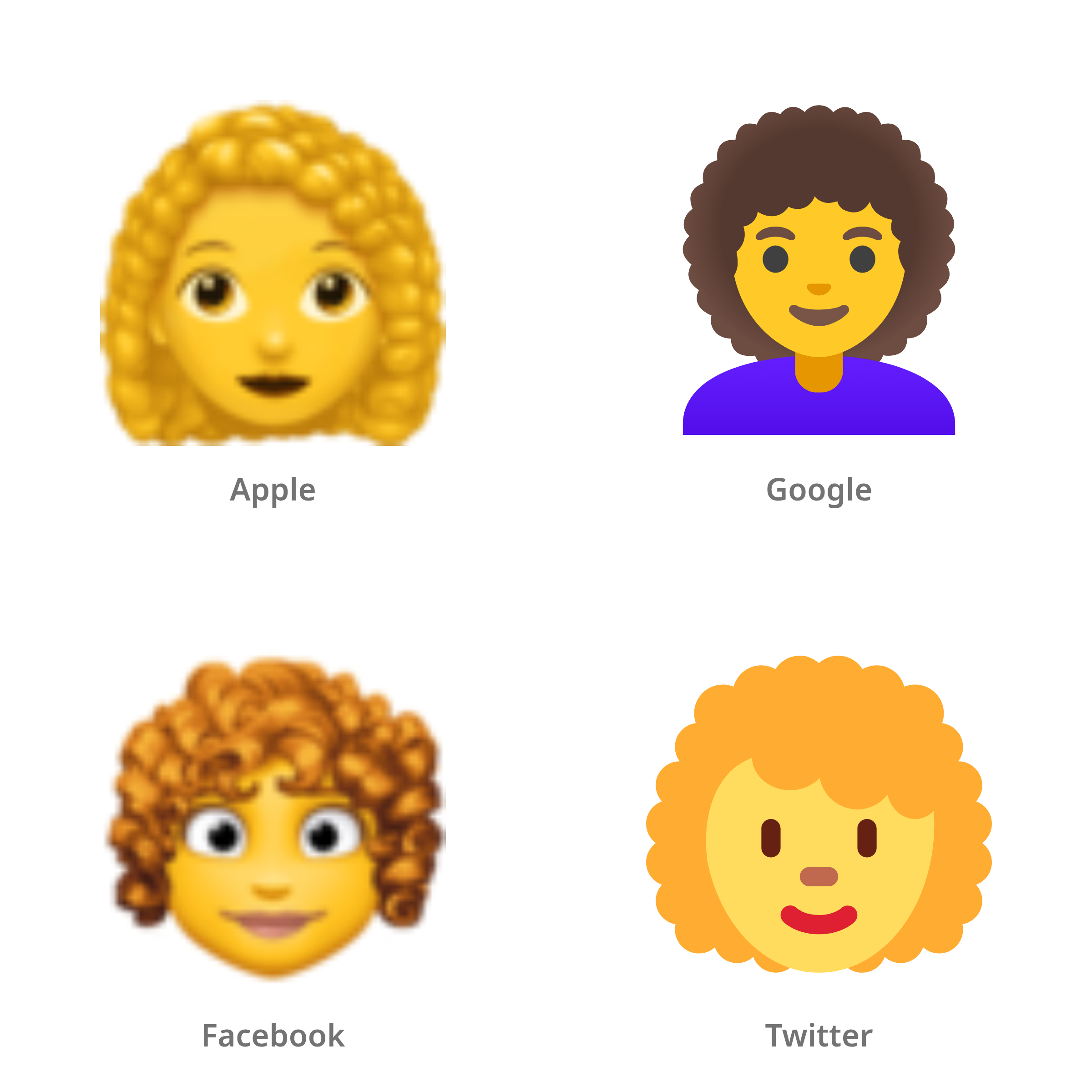 De emoji vrouw: krullend haar in Apple-, Google-, Facebook- en Twitter-stijl