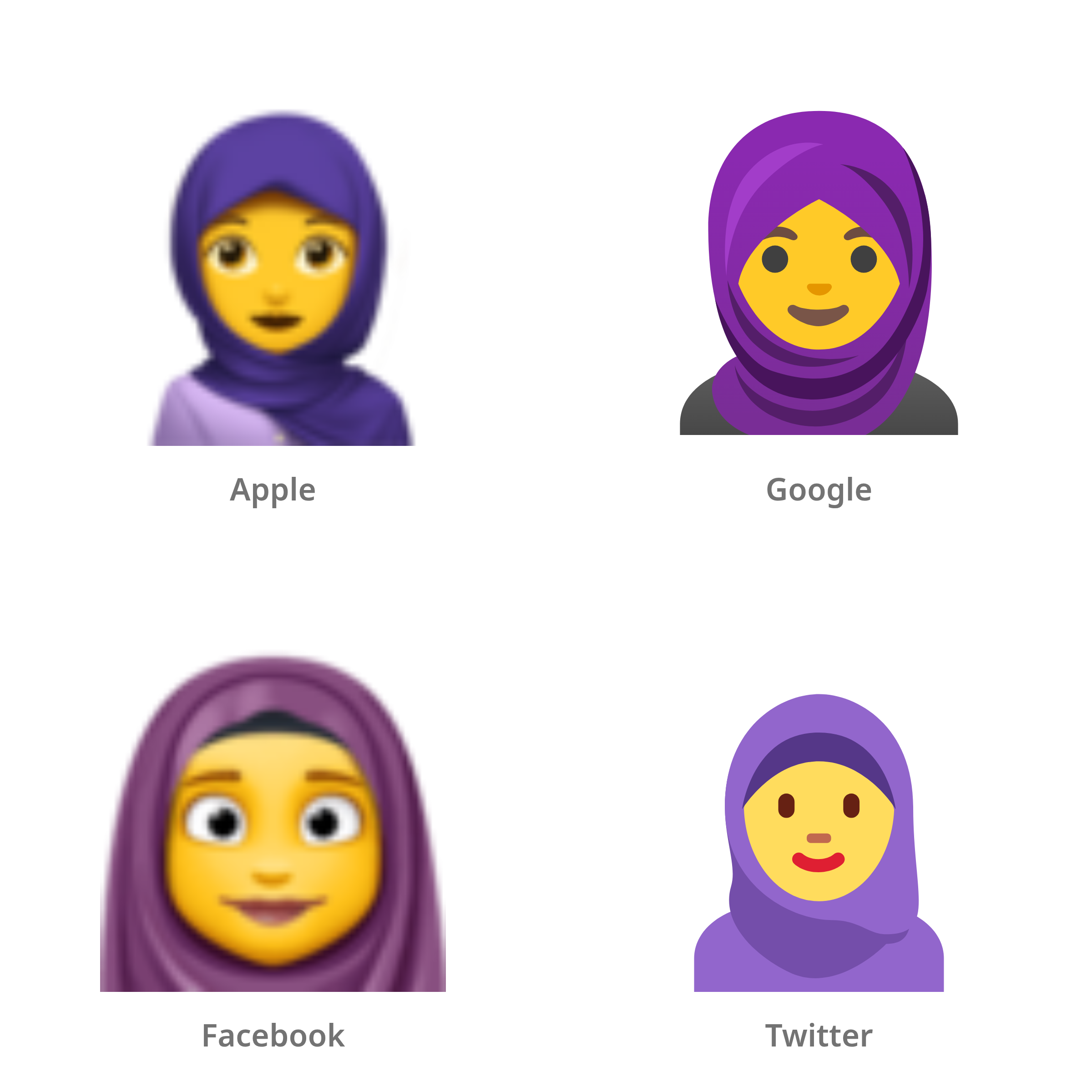 De emoji vrouw met hoofddoek in Apple-, Google-, Facebook- en Twitter-stijl