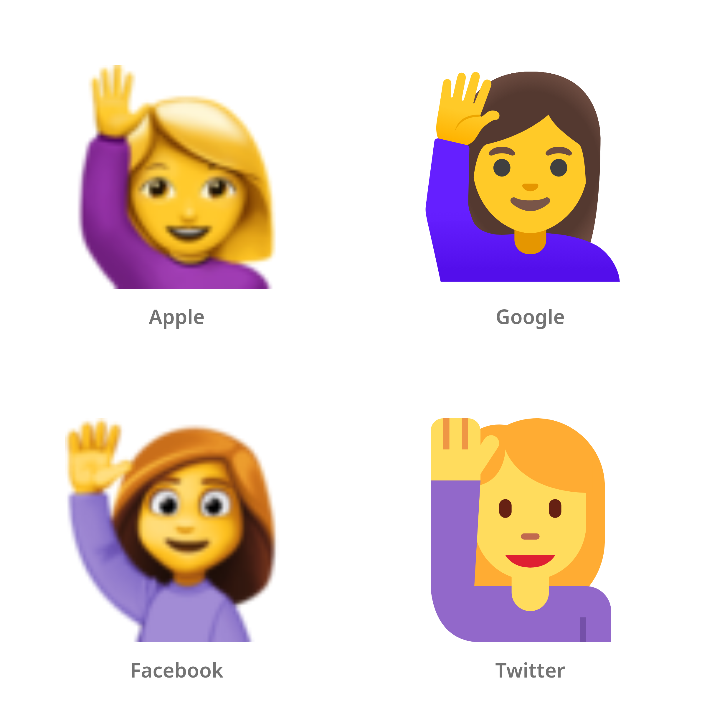 De emoji vrouw met opgeheven hand in Apple-, Google-, Facebook- en Twitter-stijl