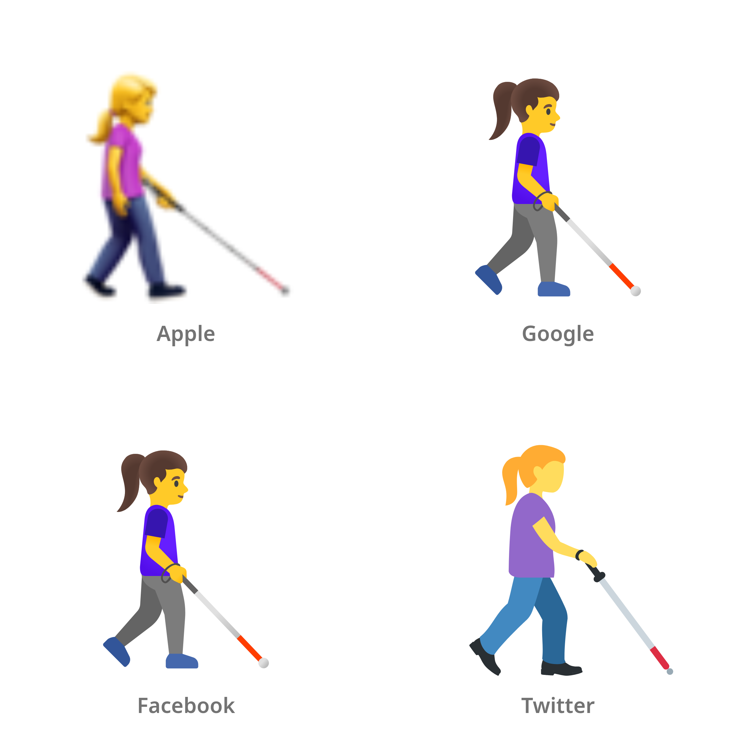 De emoji vrouw met taststok: naar rechts gericht in Apple-, Google-, Facebook- en Twitter-stijl