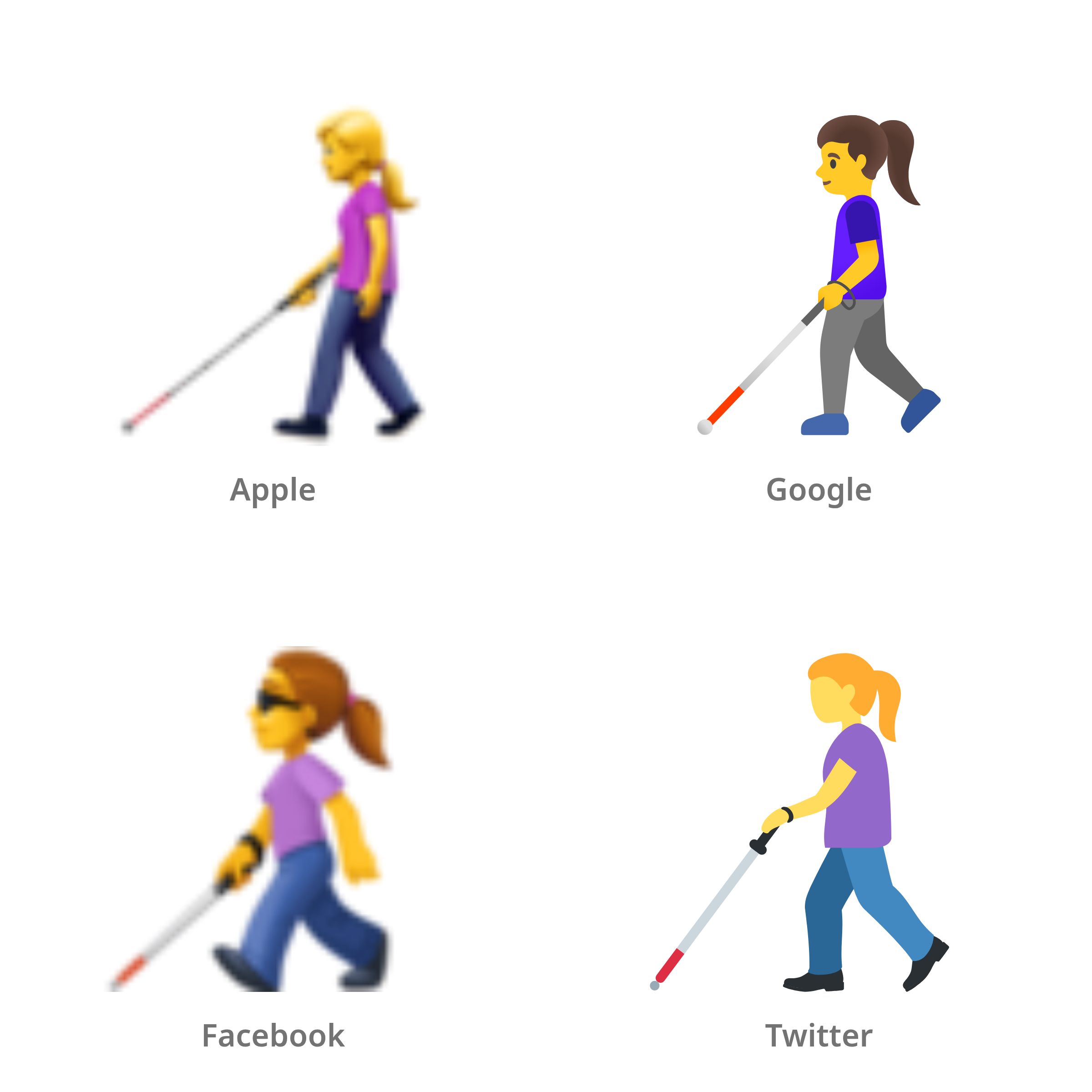 De emoji vrouw met taststok in Apple-, Google-, Facebook- en Twitter-stijl