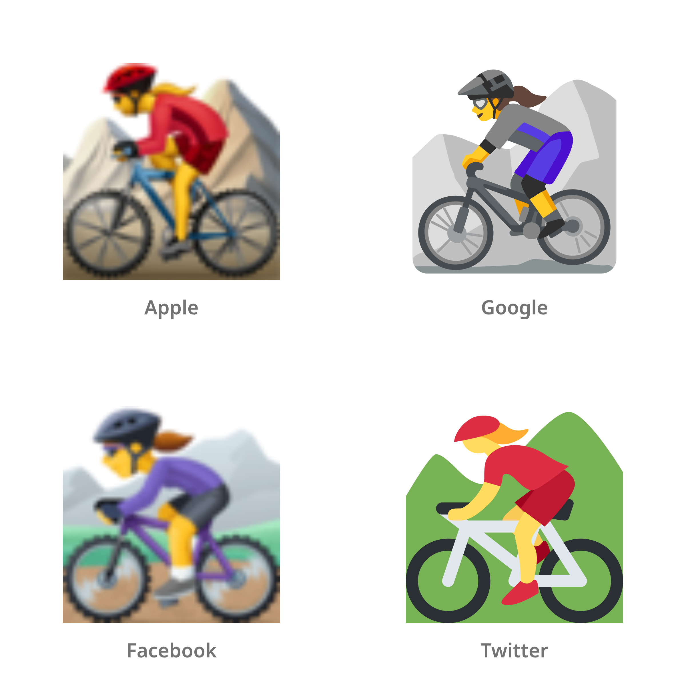 De emoji vrouw op mountainbike in Apple-, Google-, Facebook- en Twitter-stijl