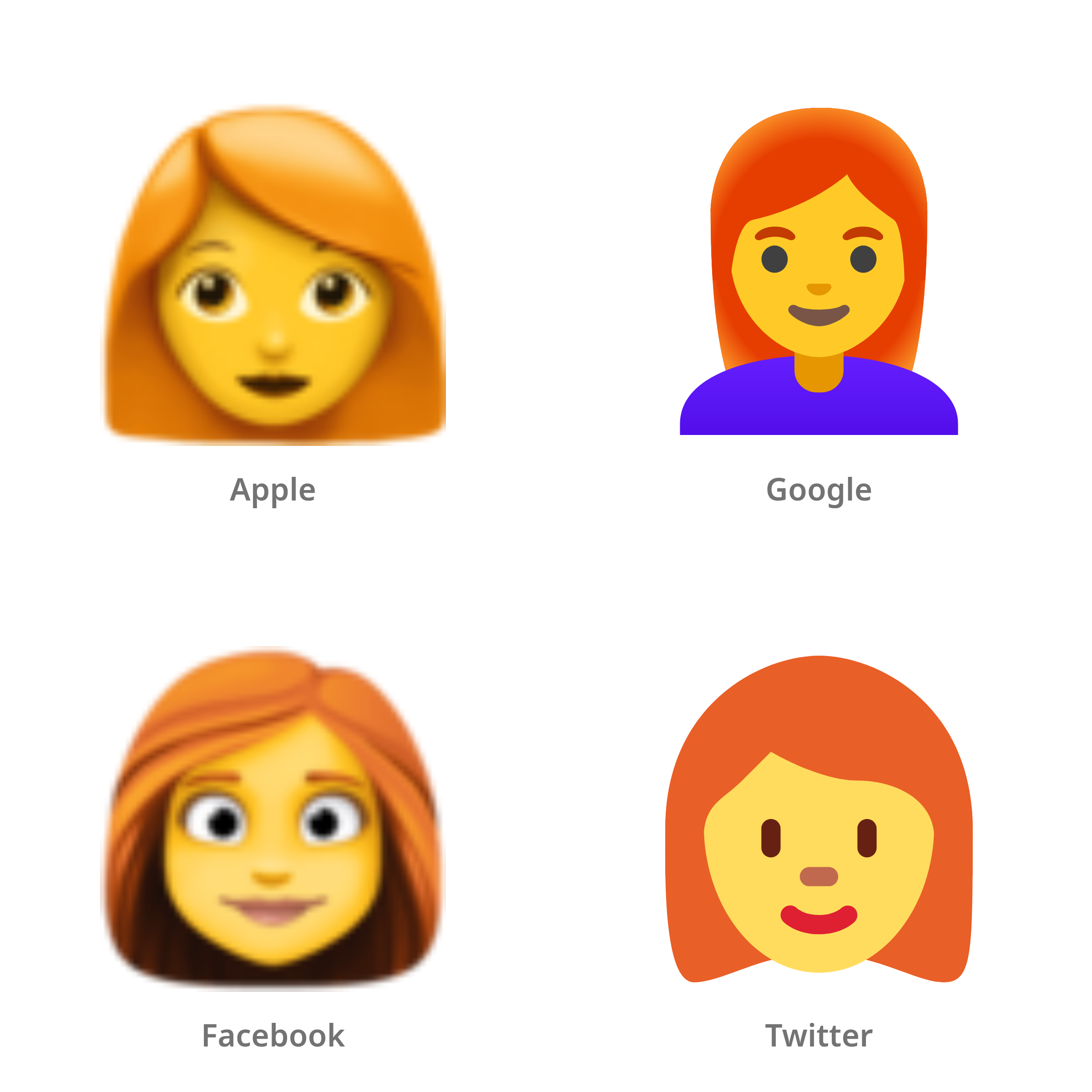 De emoji vrouw: rood haar in Apple-, Google-, Facebook- en Twitter-stijl