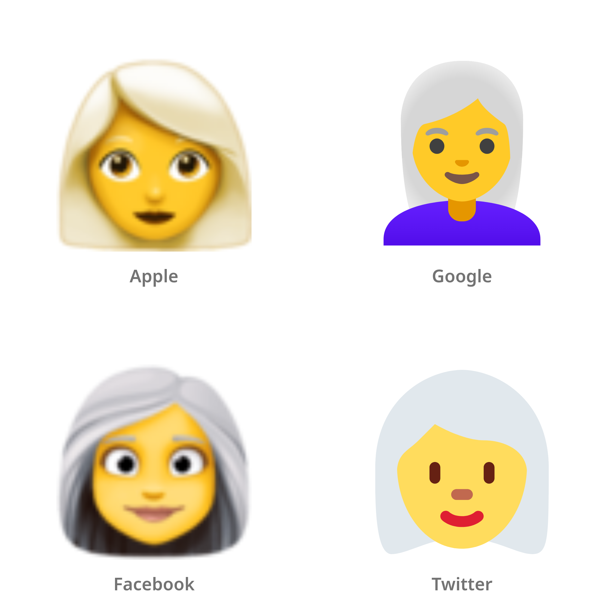 De emoji vrouw: wit haar in Apple-, Google-, Facebook- en Twitter-stijl