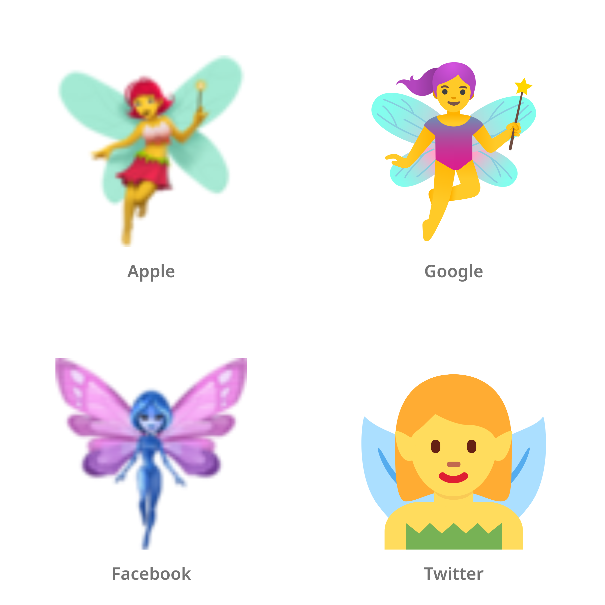 De emoji vrouwelijk elfje in Apple-, Google-, Facebook- en Twitter-stijl