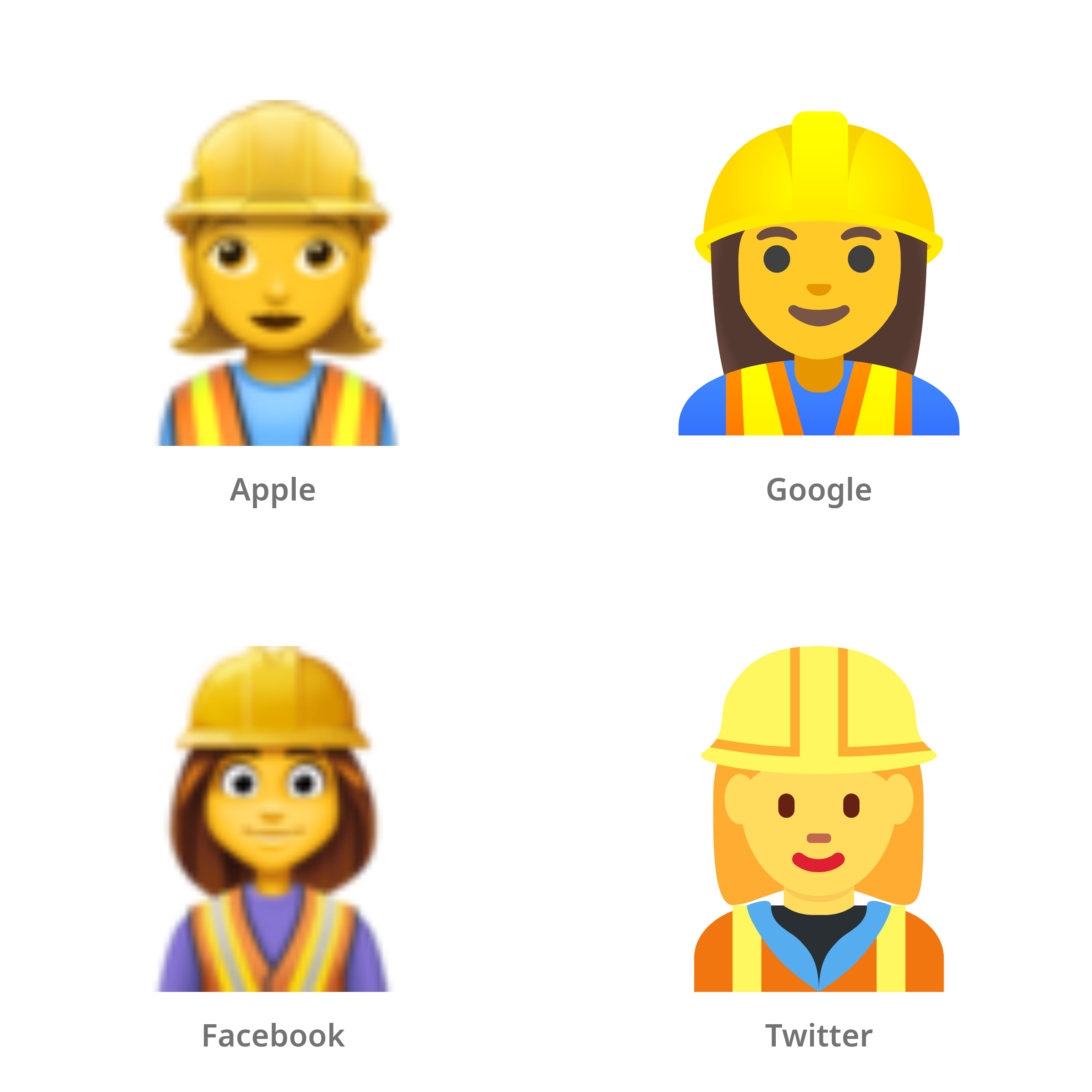 De emoji vrouwelijke bouwvakker in Apple-, Google-, Facebook- en Twitter-stijl