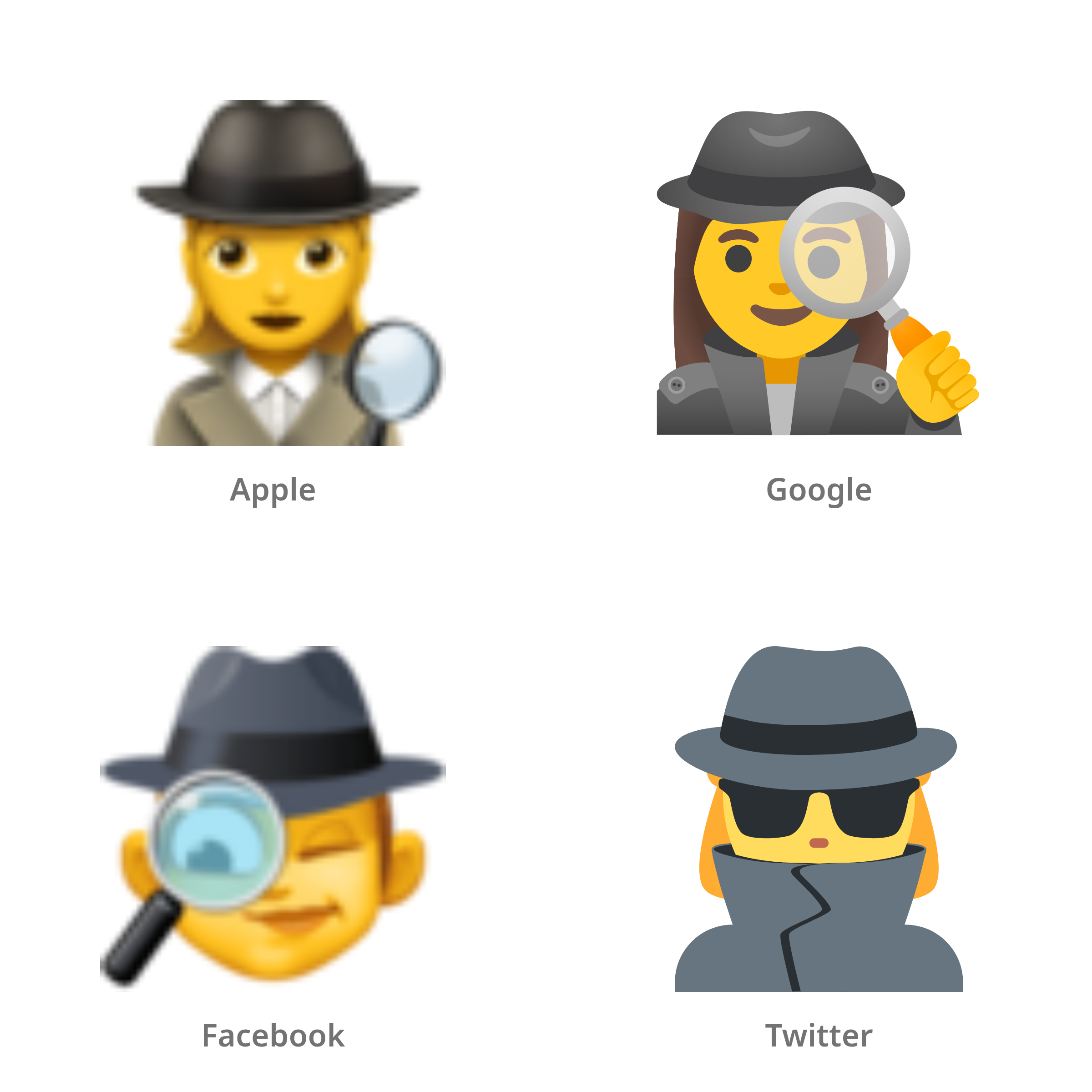 De emoji vrouwelijke detective in Apple-, Google-, Facebook- en Twitter-stijl