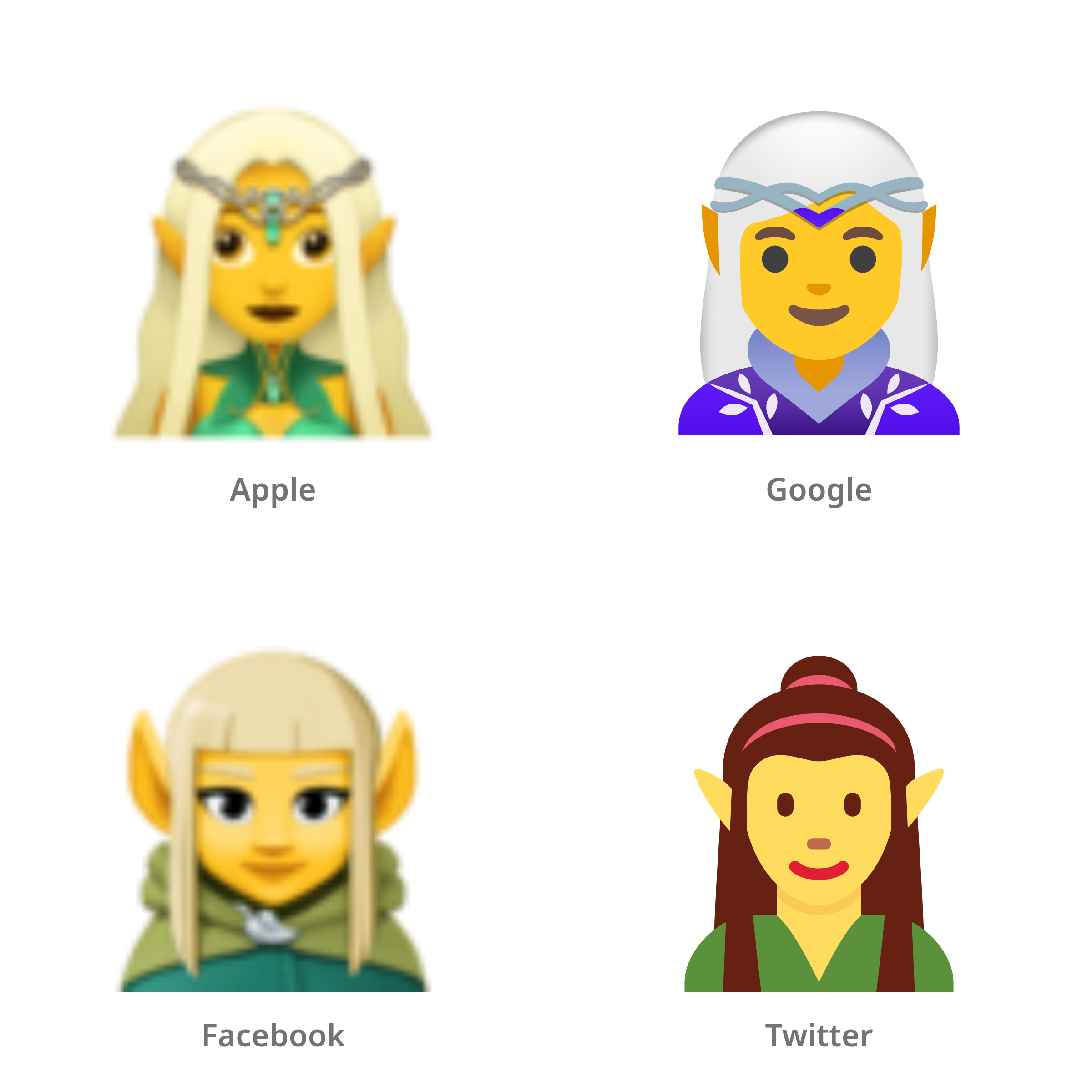 De emoji vrouwelijke elf in Apple-, Google-, Facebook- en Twitter-stijl