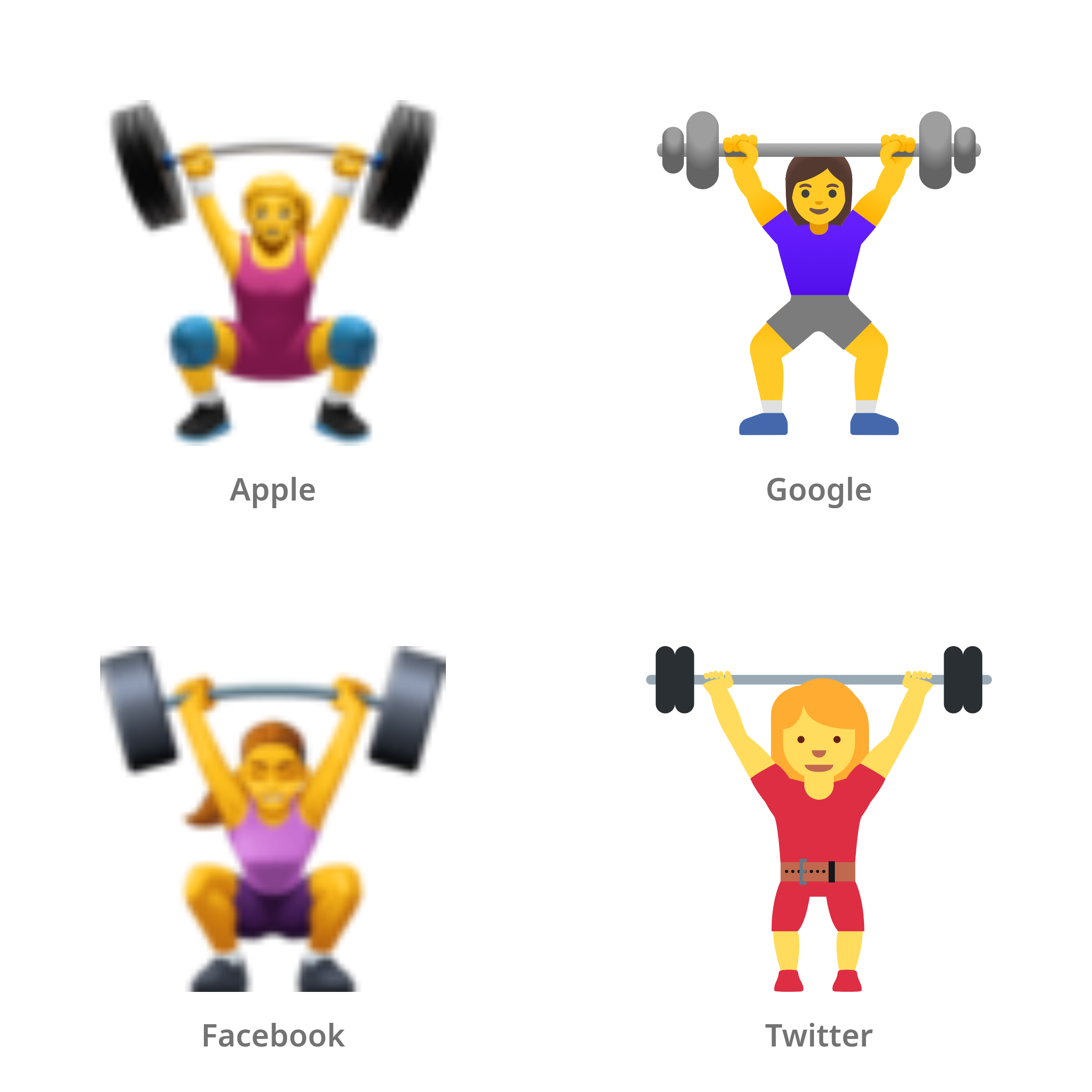 De emoji vrouwelijke gewichtheffer in Apple-, Google-, Facebook- en Twitter-stijl