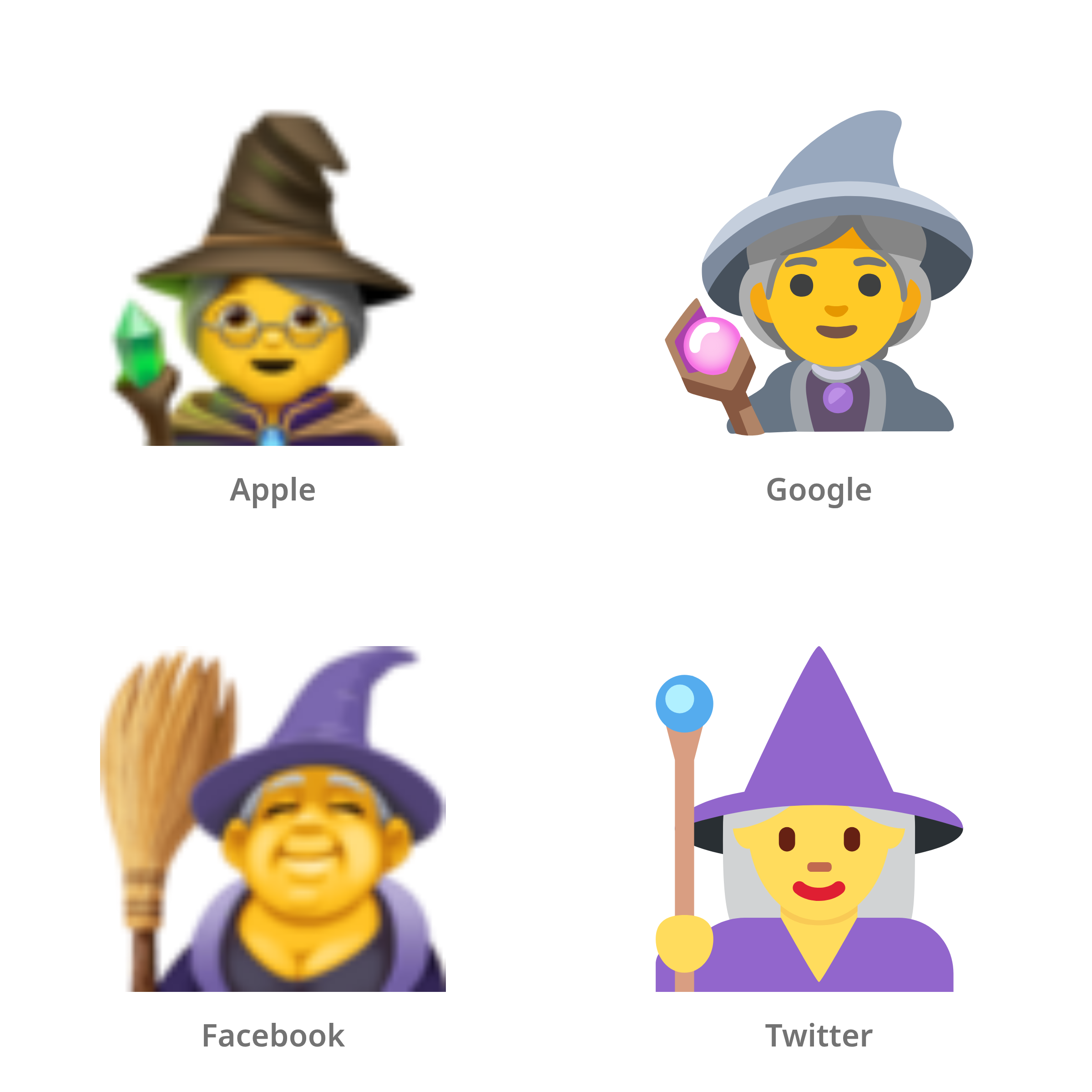 De emoji vrouwelijke magiër in Apple-, Google-, Facebook- en Twitter-stijl