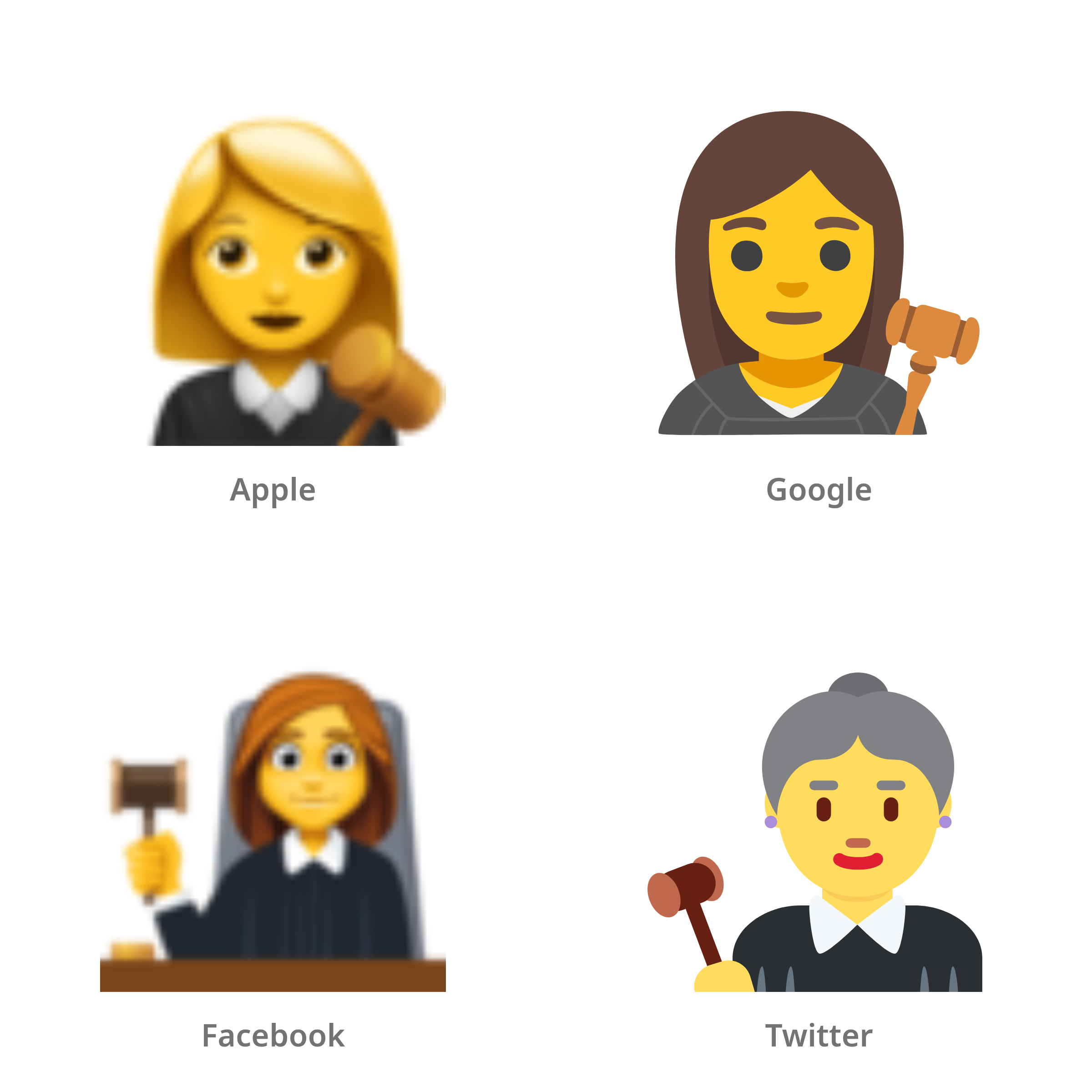 De emoji vrouwelijke rechter in Apple-, Google-, Facebook- en Twitter-stijl