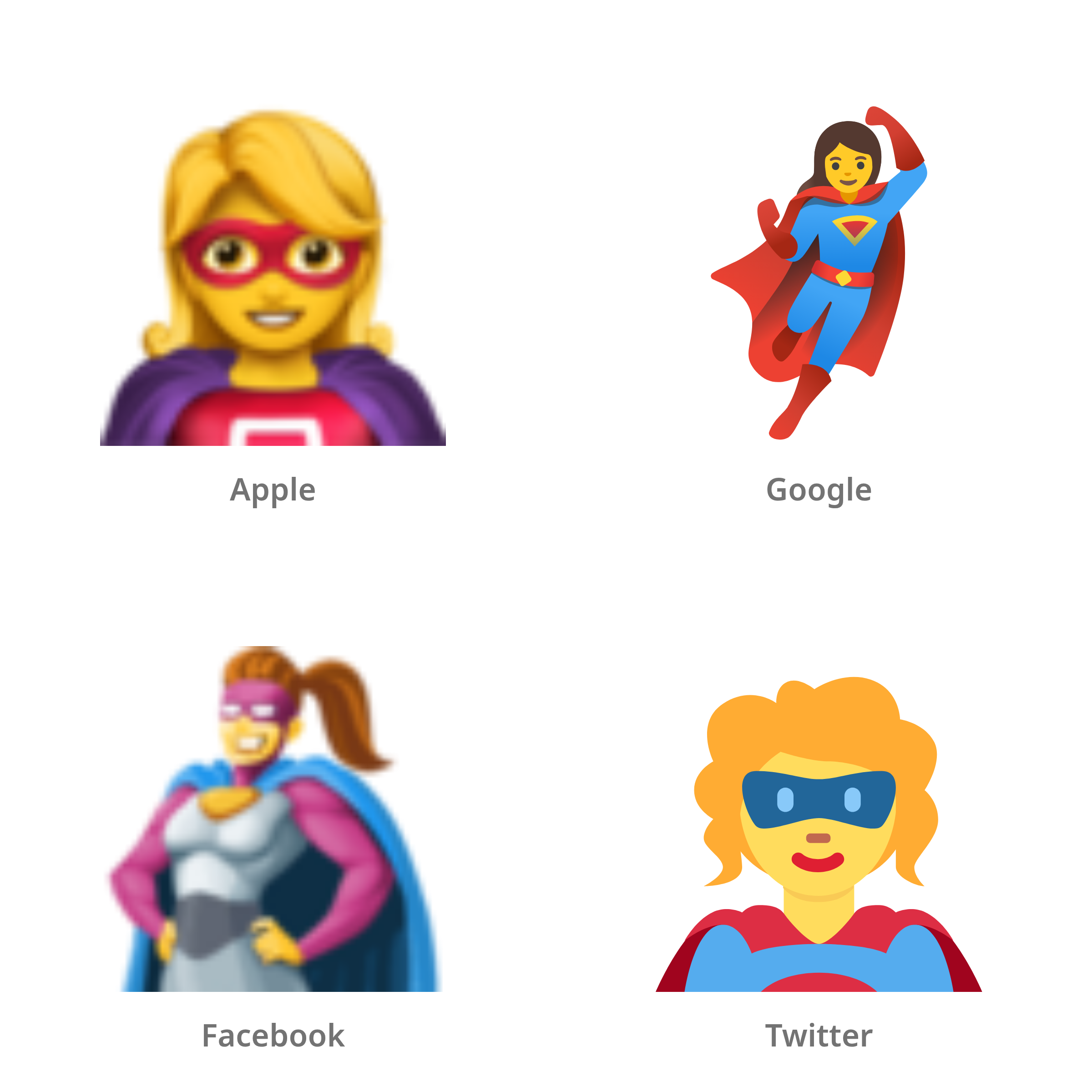 De emoji vrouwelijke superheld in Apple-, Google-, Facebook- en Twitter-stijl