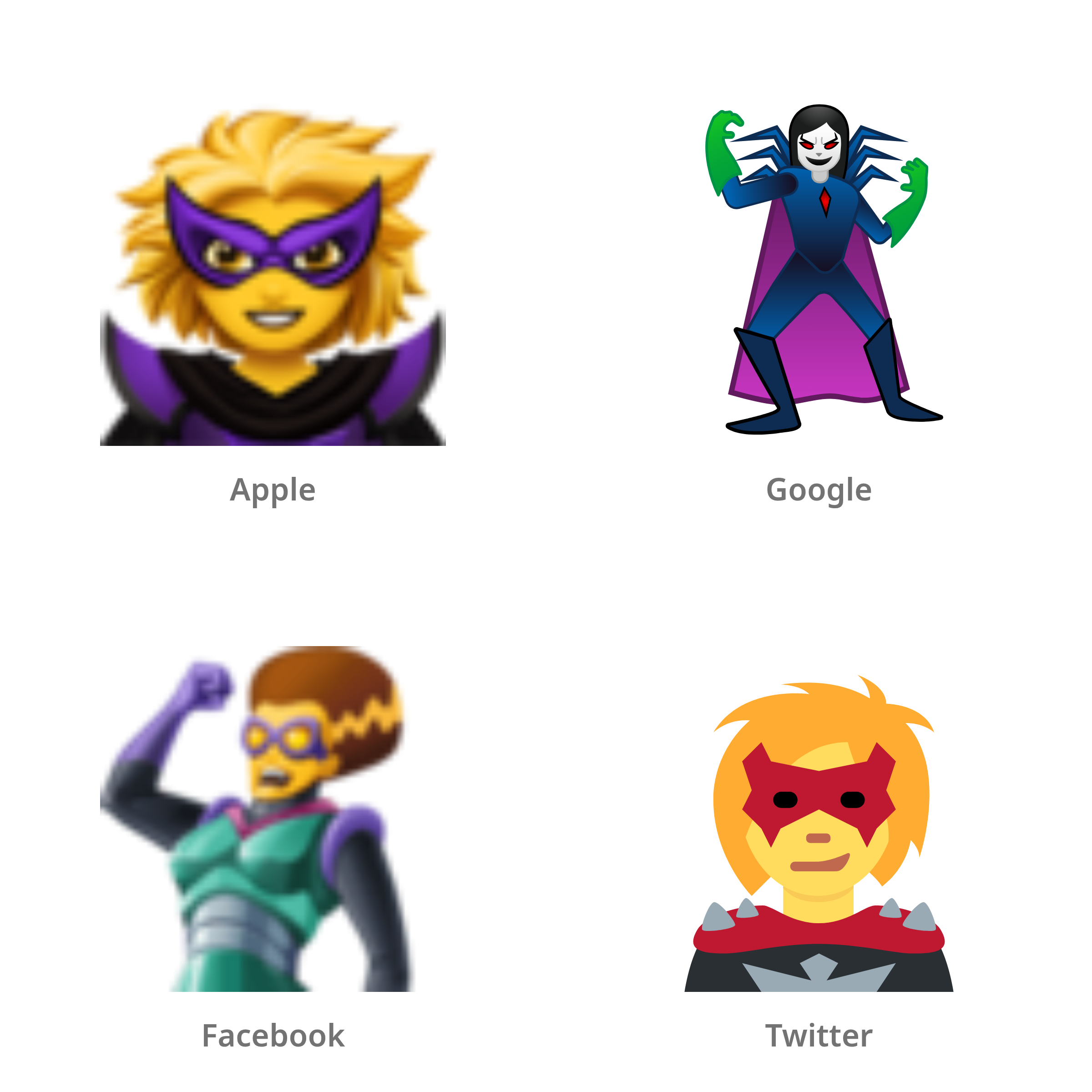 De emoji vrouwelijke superschurk in Apple-, Google-, Facebook- en Twitter-stijl