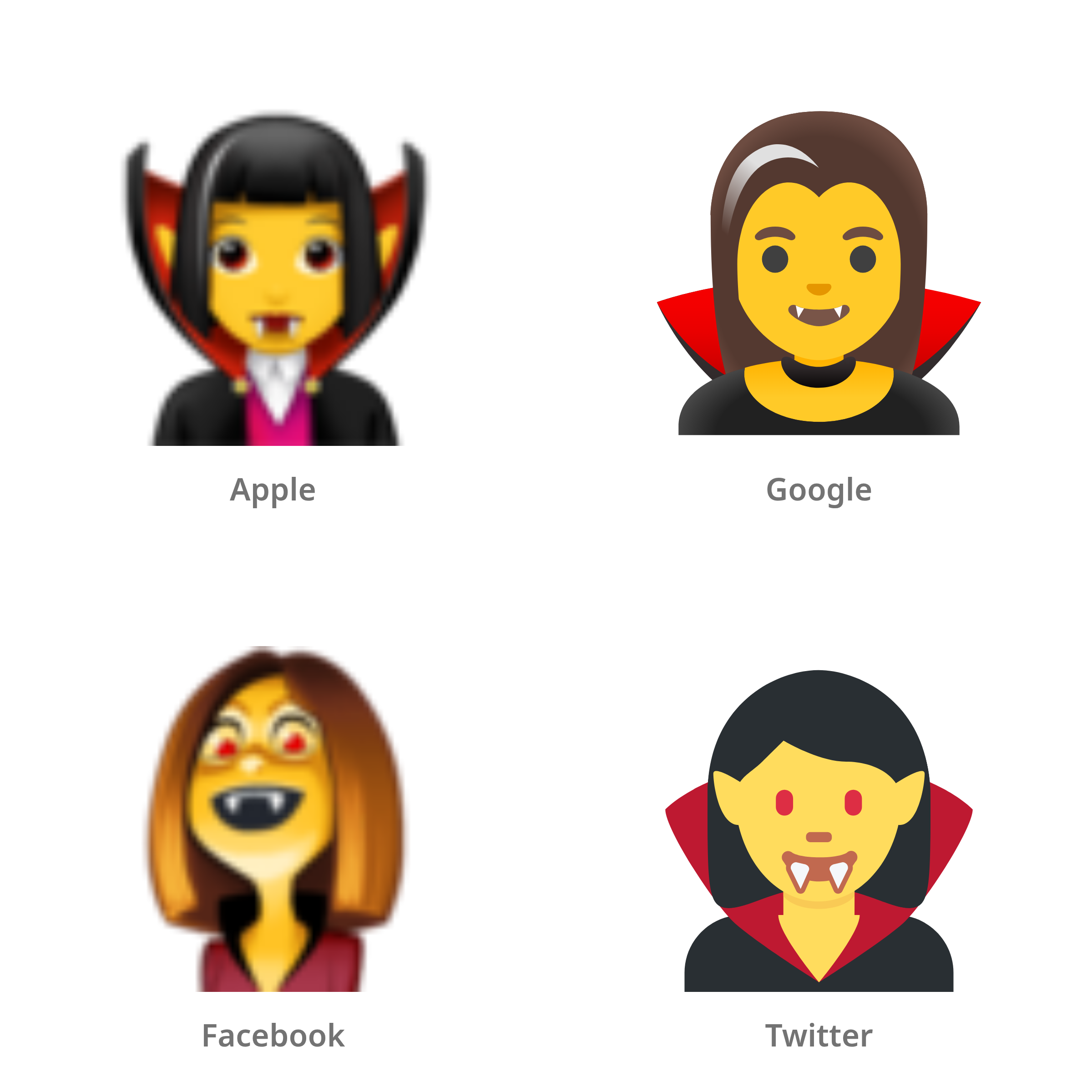 De emoji vrouwelijke vampier in Apple-, Google-, Facebook- en Twitter-stijl