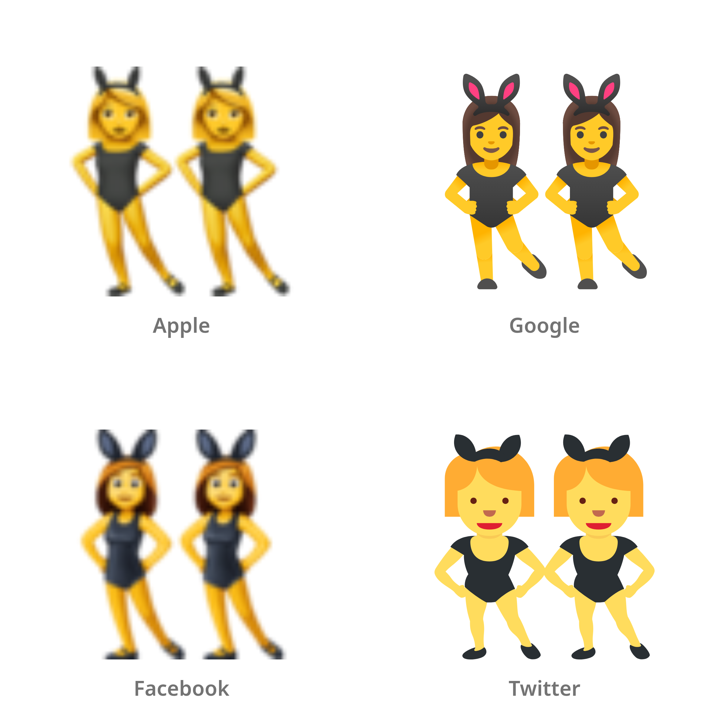 De emoji vrouwen met konijnenoren in Apple-, Google-, Facebook- en Twitter-stijl