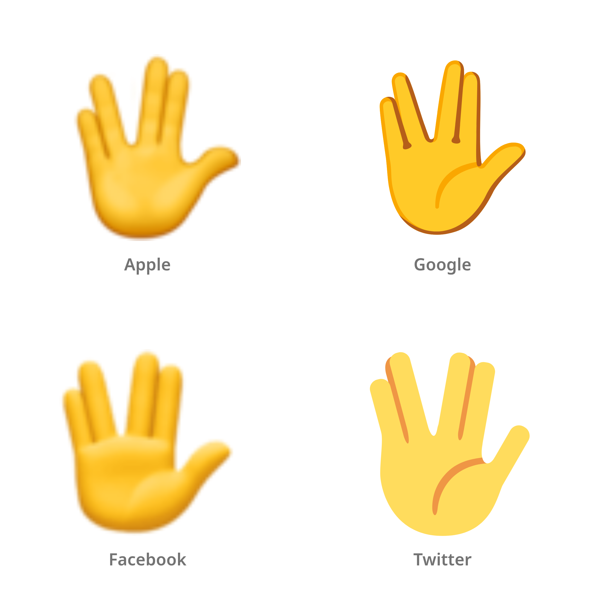 De emoji Vulcaanse groet in Apple-, Google-, Facebook- en Twitter-stijl