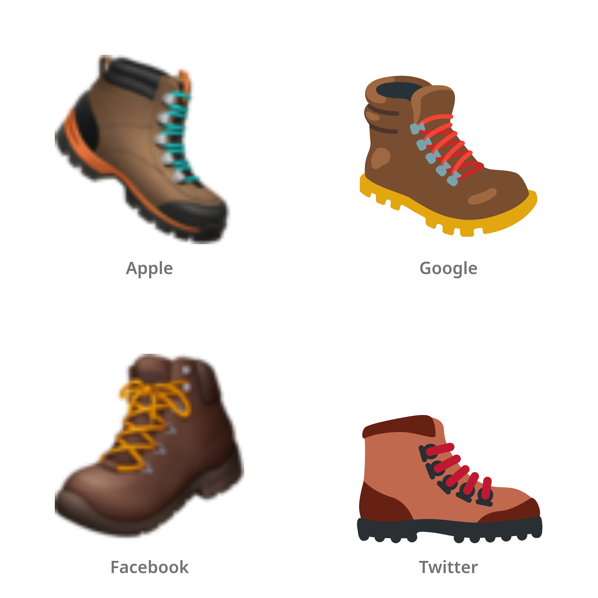 De emoji wandelschoen in Apple-, Google-, Facebook- en Twitter-stijl