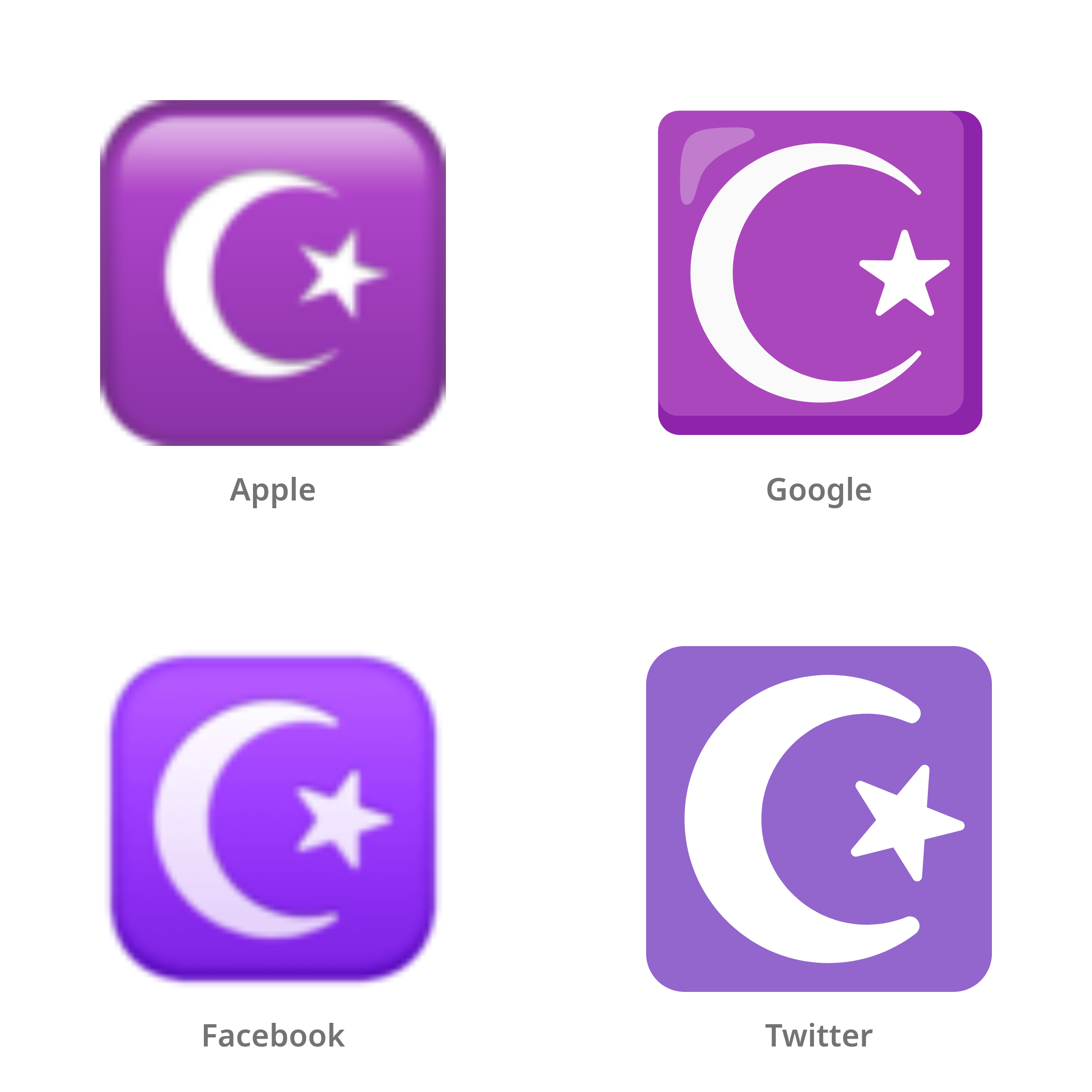 De emoji wassende maan en ster in Apple-, Google-, Facebook- en Twitter-stijl