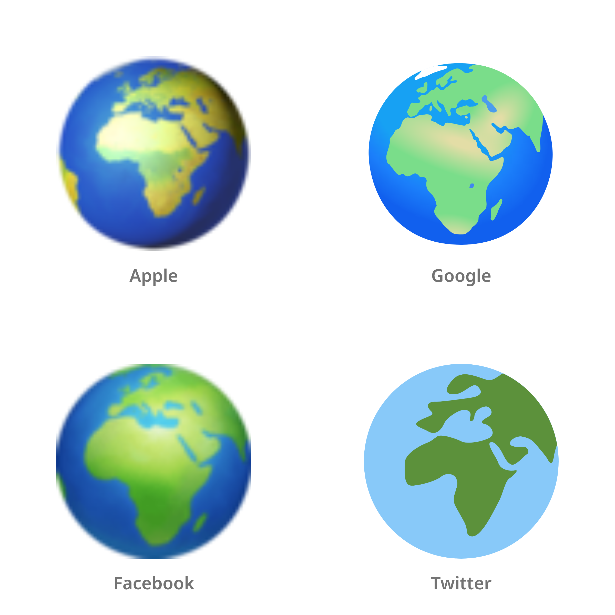 De emoji wereldbol met Europa-Afrika in Apple-, Google-, Facebook- en Twitter-stijl