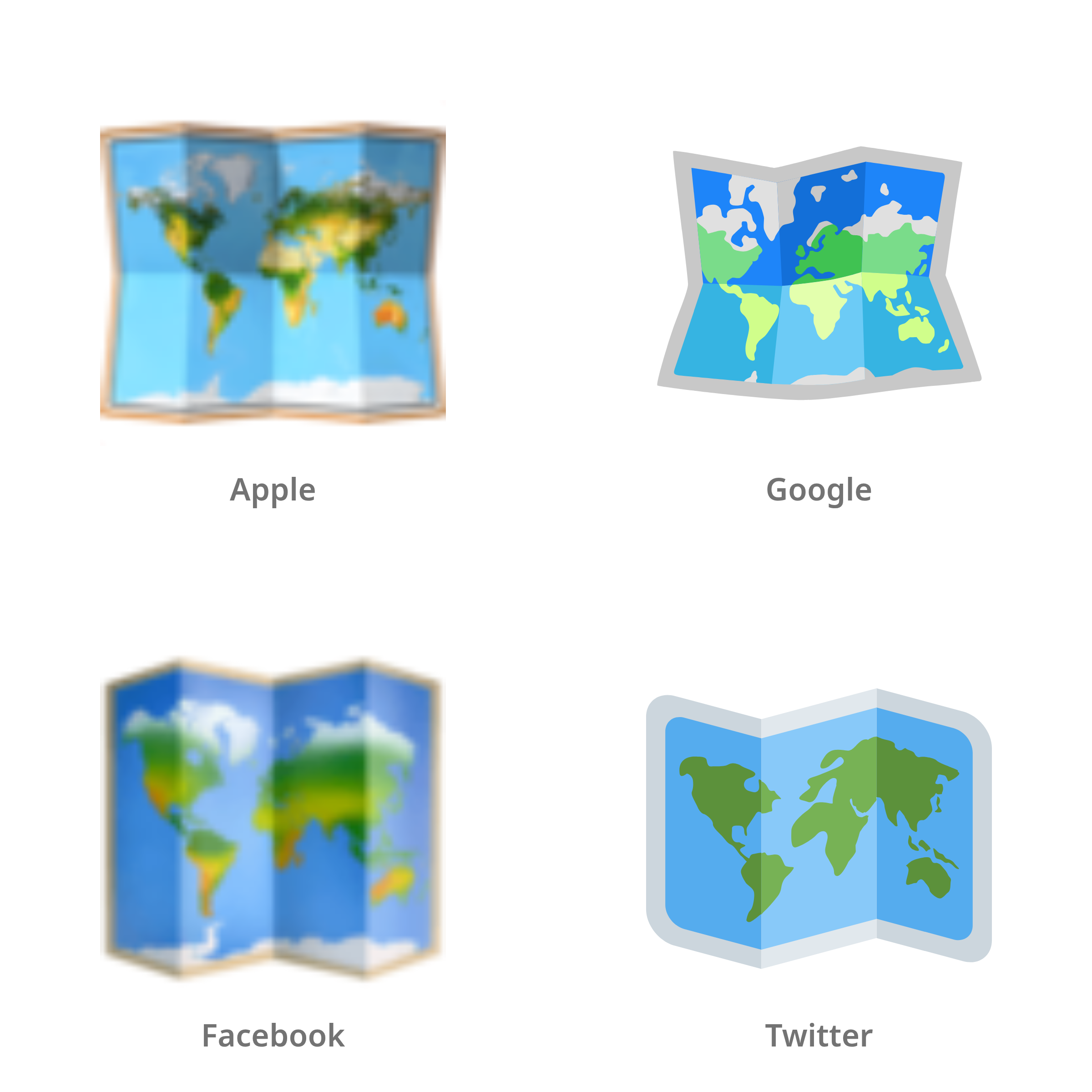 De emoji wereldkaart in Apple-, Google-, Facebook- en Twitter-stijl